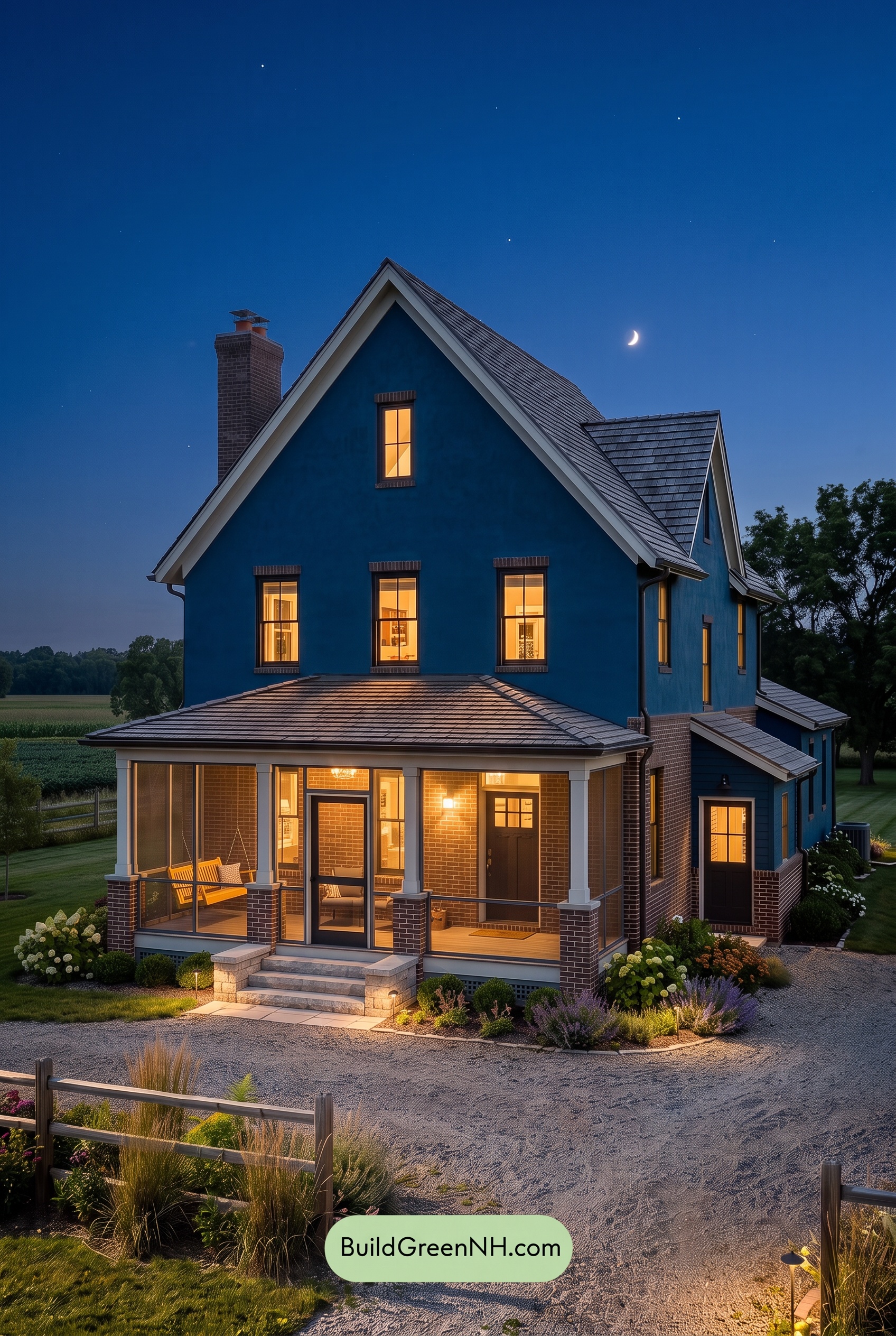 Brown Brick House Exterior Color Scheme: Sapphire Gable - Nighttime
