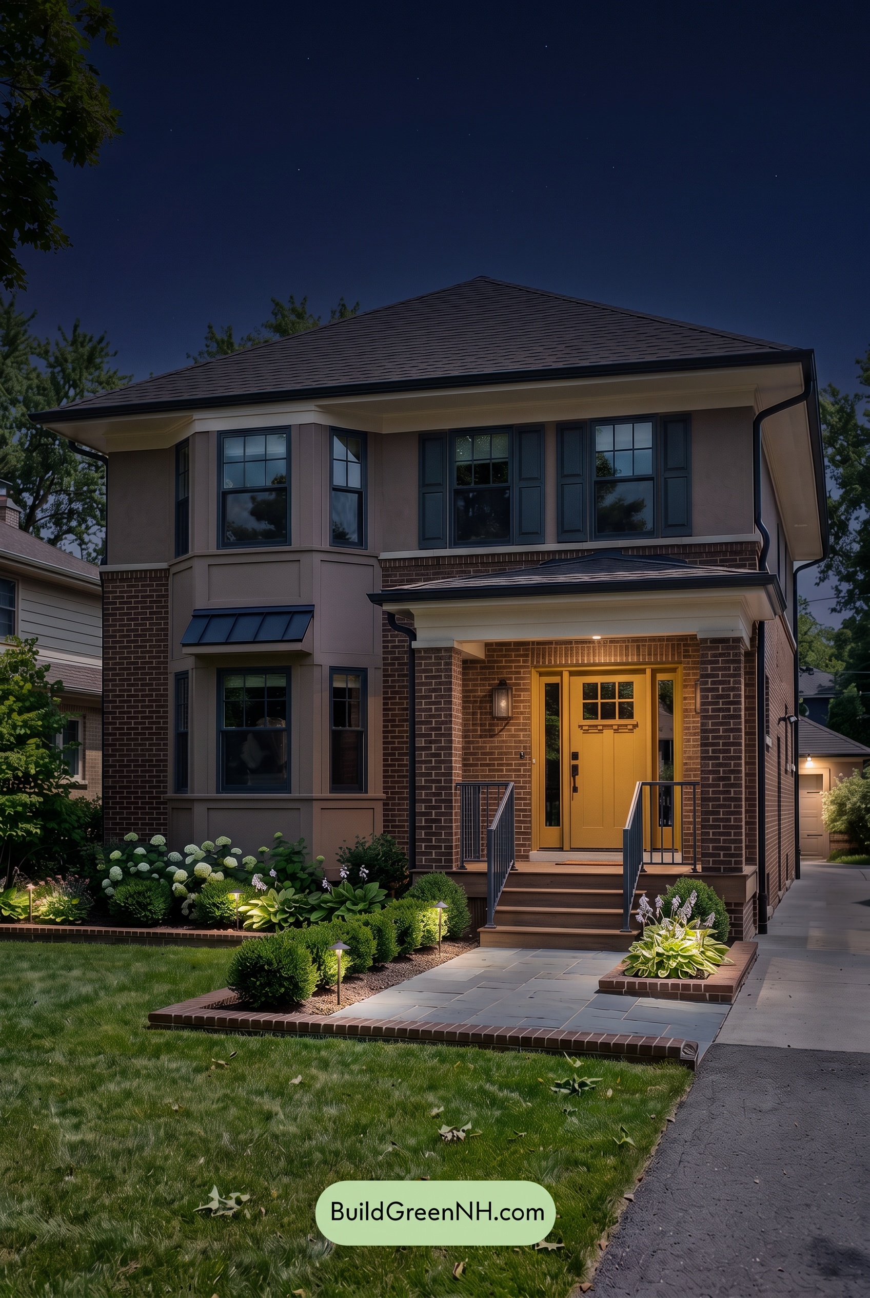 Brown Brick House Exterior Color Scheme: Tawny Poise - Nighttime