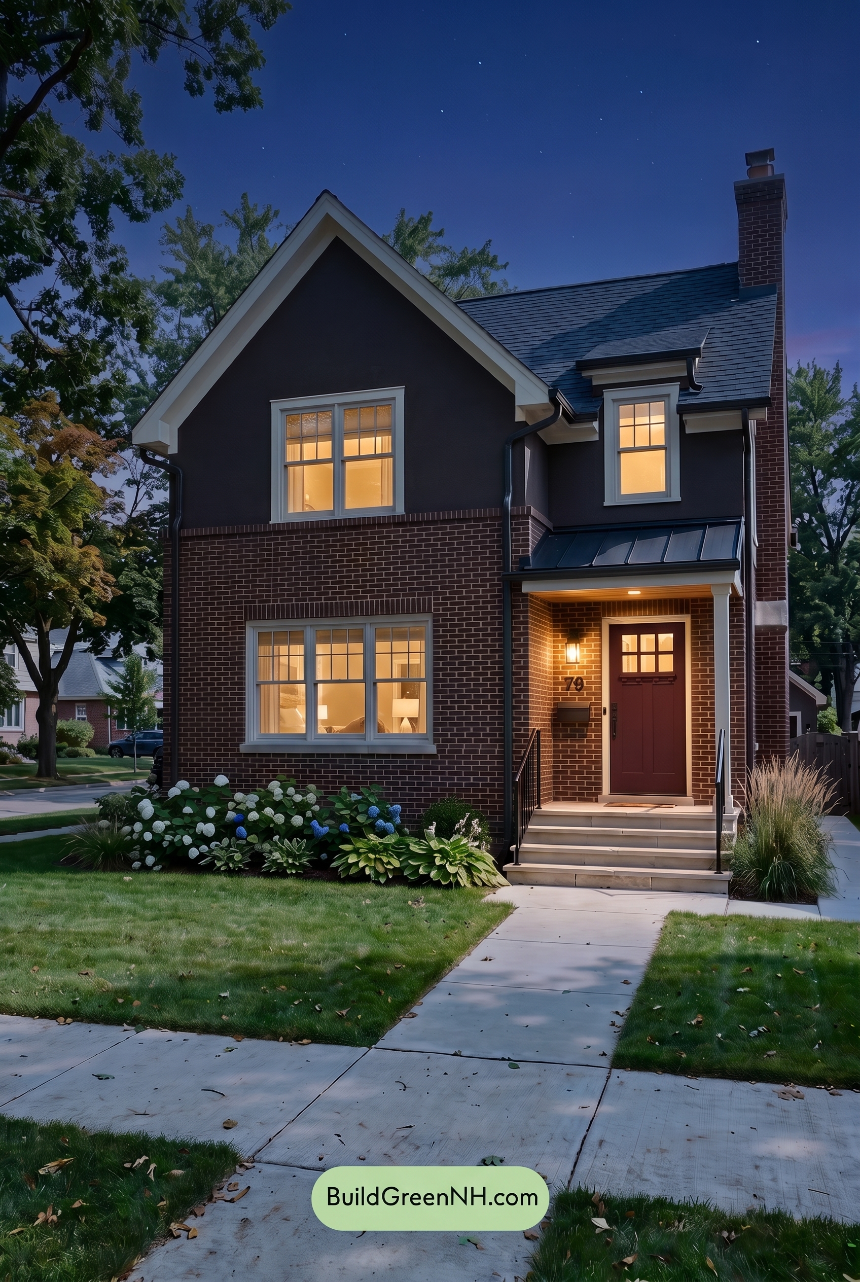 Brown Brick House Exterior Color Scheme: Umber Cadence - Nighttime