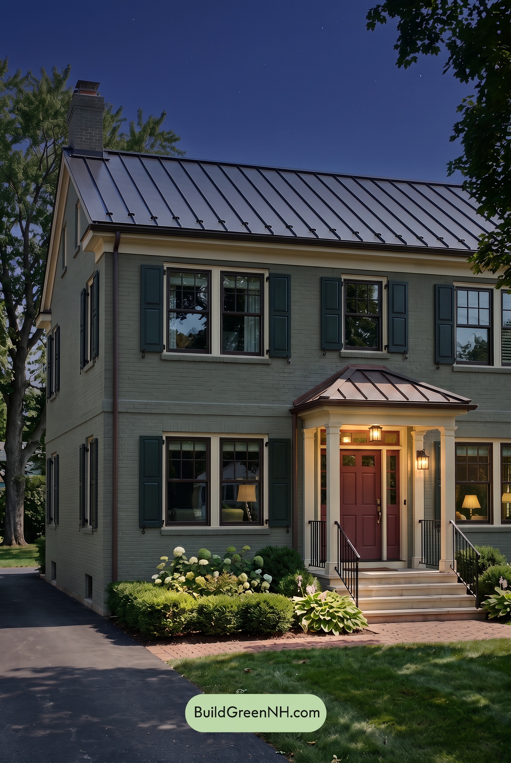 Brown Brick House Exterior Color Scheme: Verdant Parlor - Nighttime