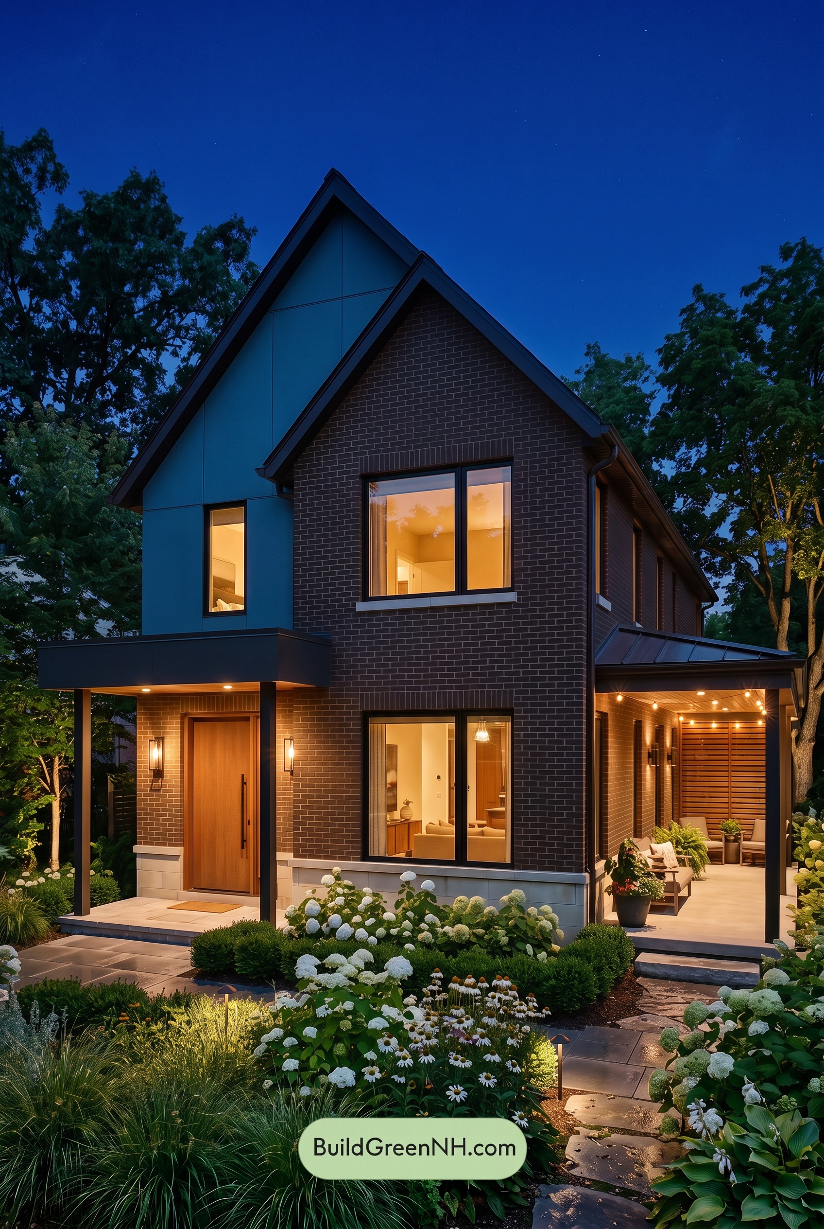 Brown Brick House Exterior Color Scheme: Walnut Meadow - Nighttime