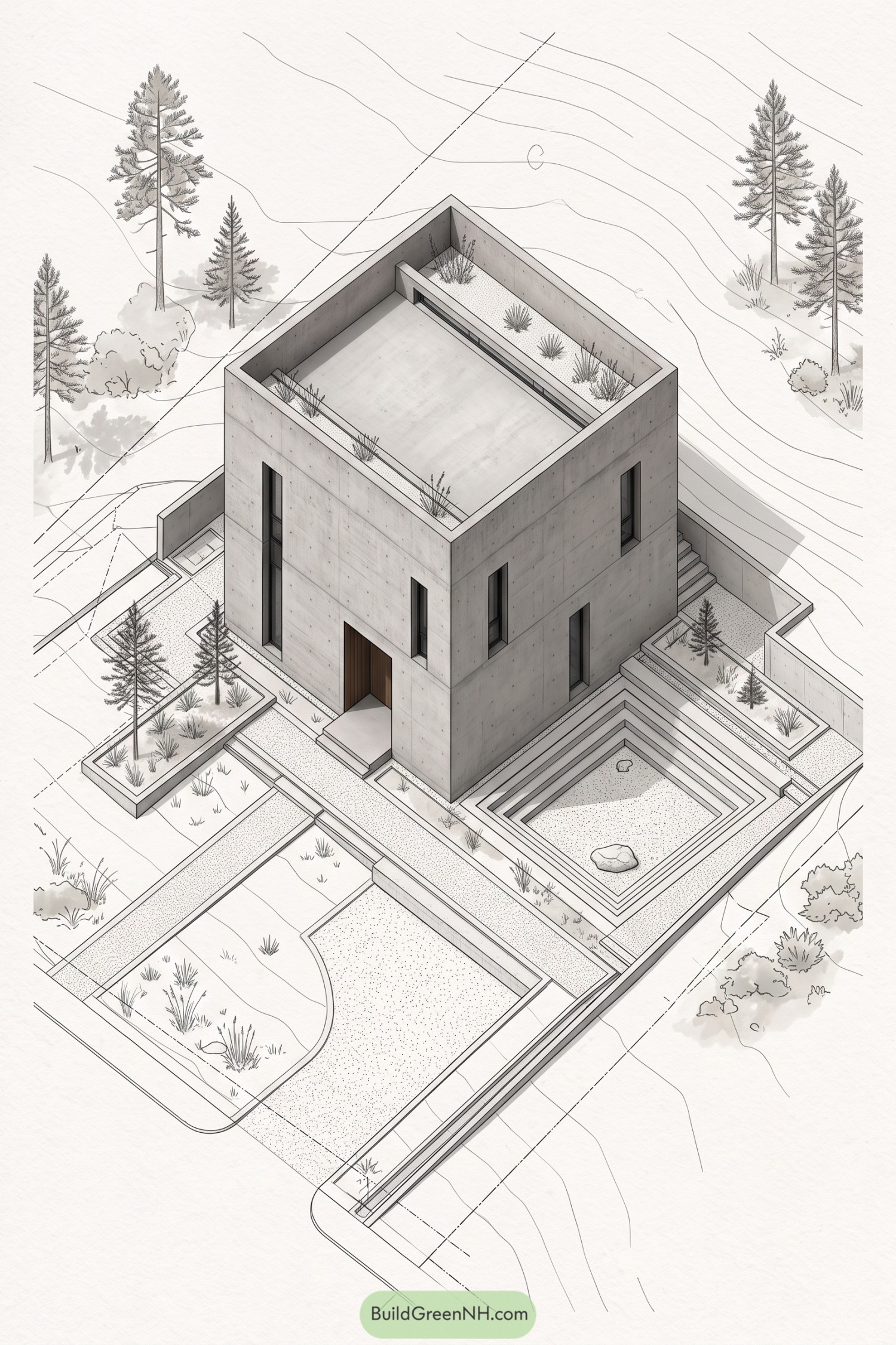 Concrete zen house with stepped garden court and rooftop planters
