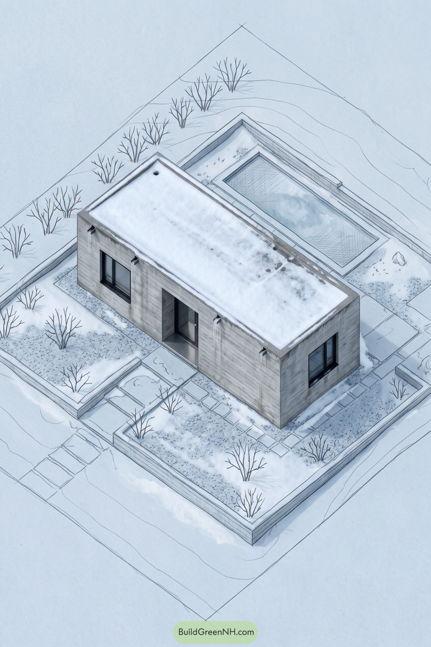 Concrete house with a snowy courtyard pool and bare trees