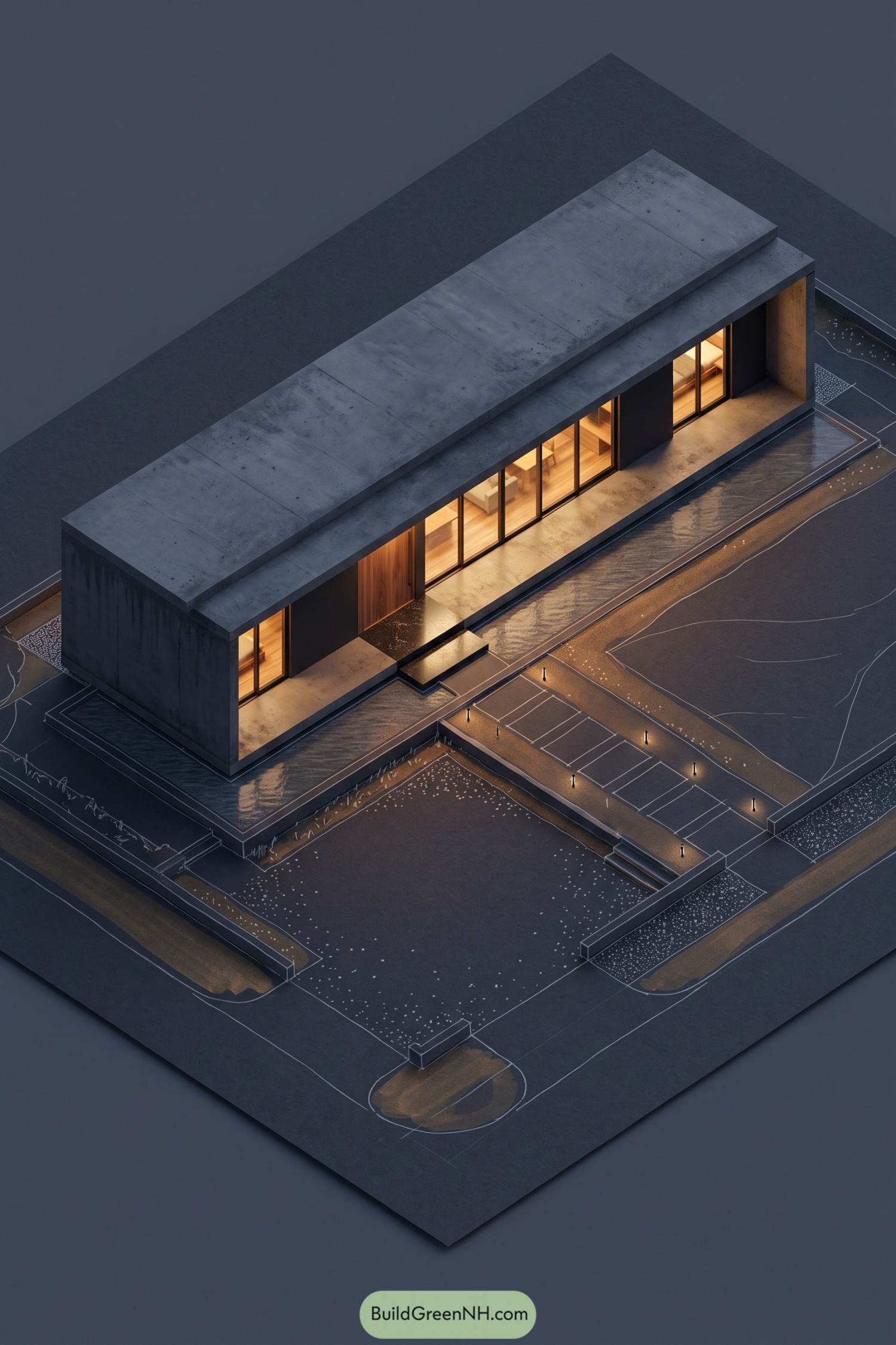 Concrete pavilion with glowing glass walls beside shallow water channels