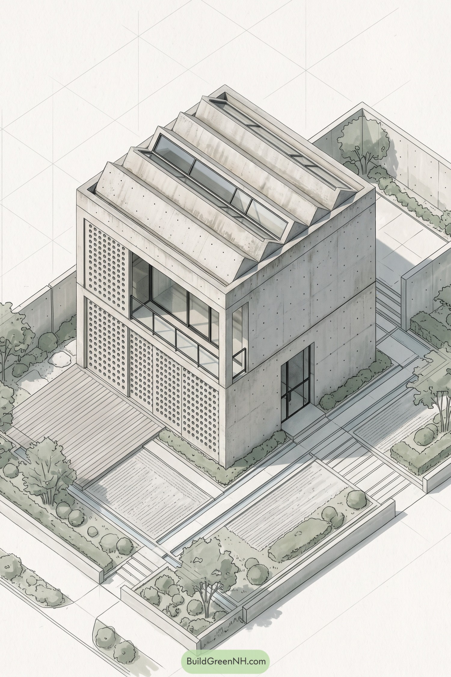 Concrete home with stepped roof skylights and perforated screens