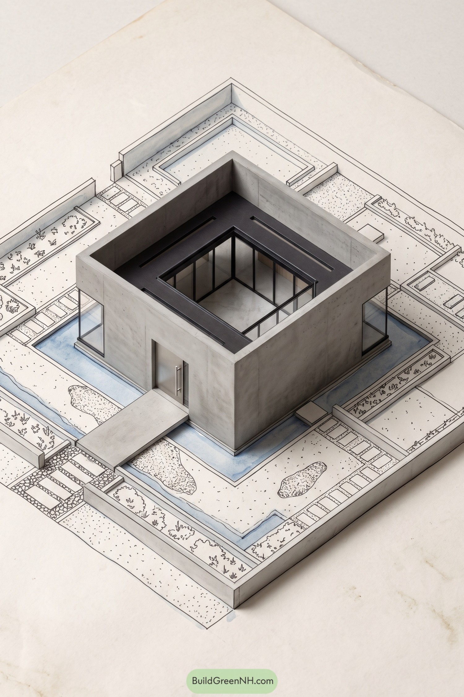 Concrete home with central roof opening and surrounding water channel