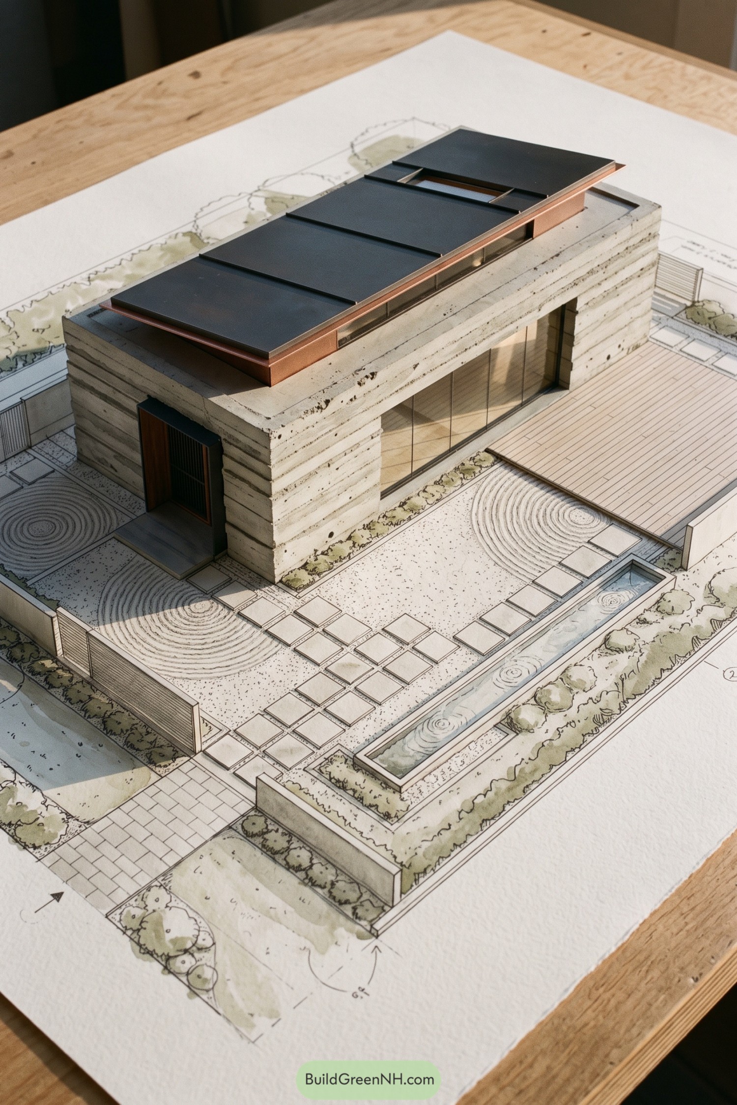 Concrete house model with copper roof and raked garden