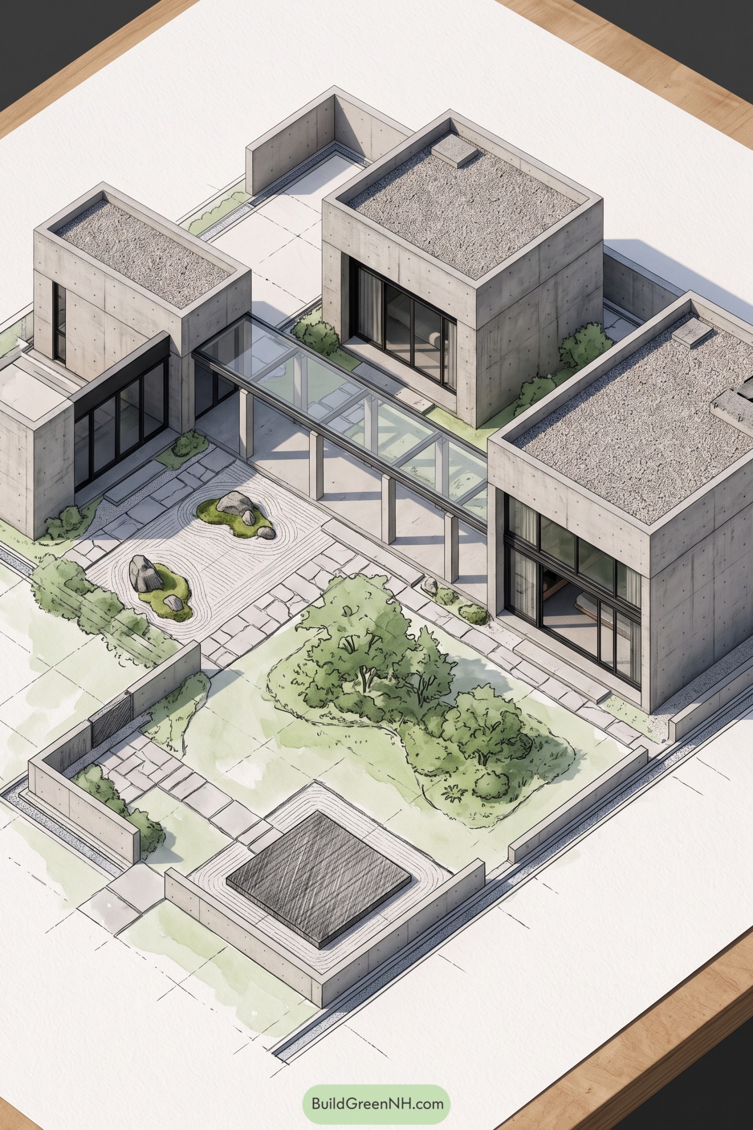 Concrete pavilions linked by a glass corridor around a Zen garden