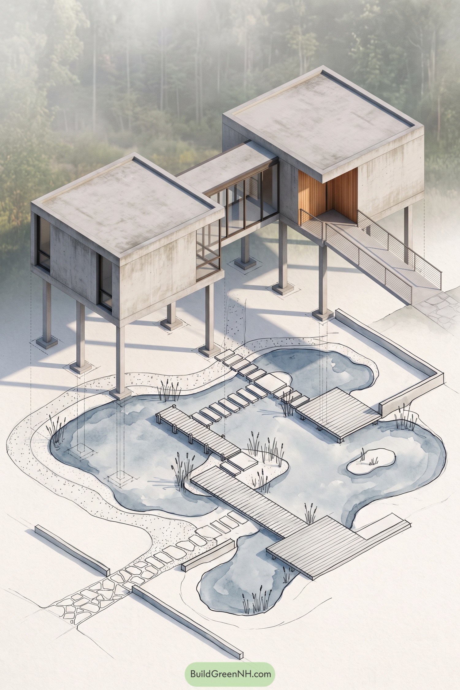 Concrete volumes raised on slender columns above a winding pond and timber walkways