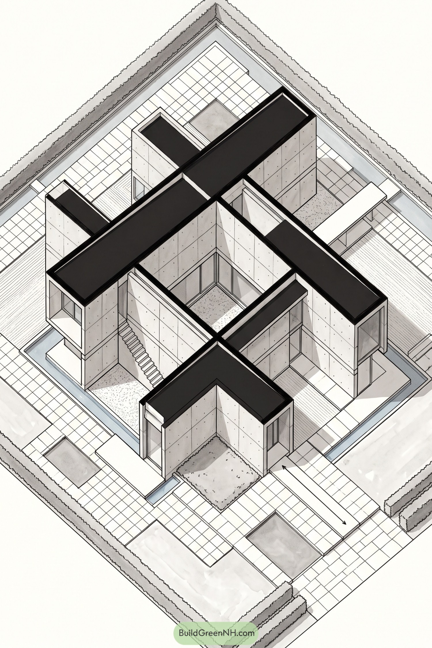 Isometric view of a cross-shaped concrete courtyard house