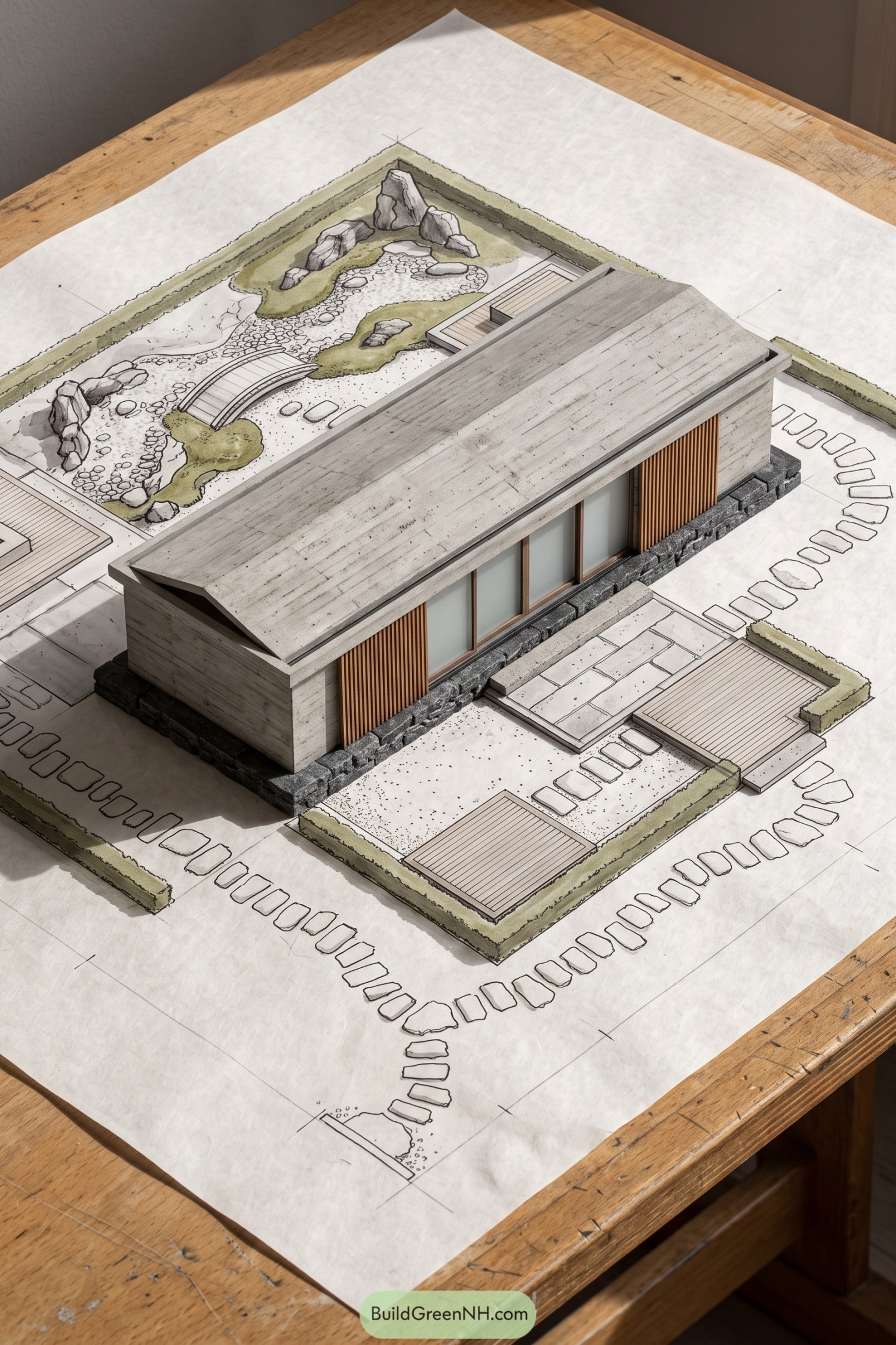 Concrete Zen house beside a rock garden and arched bridge
