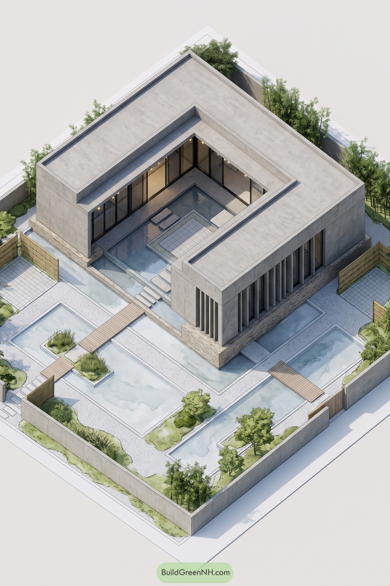 Concrete residence with a recessed atrium and reflecting pools