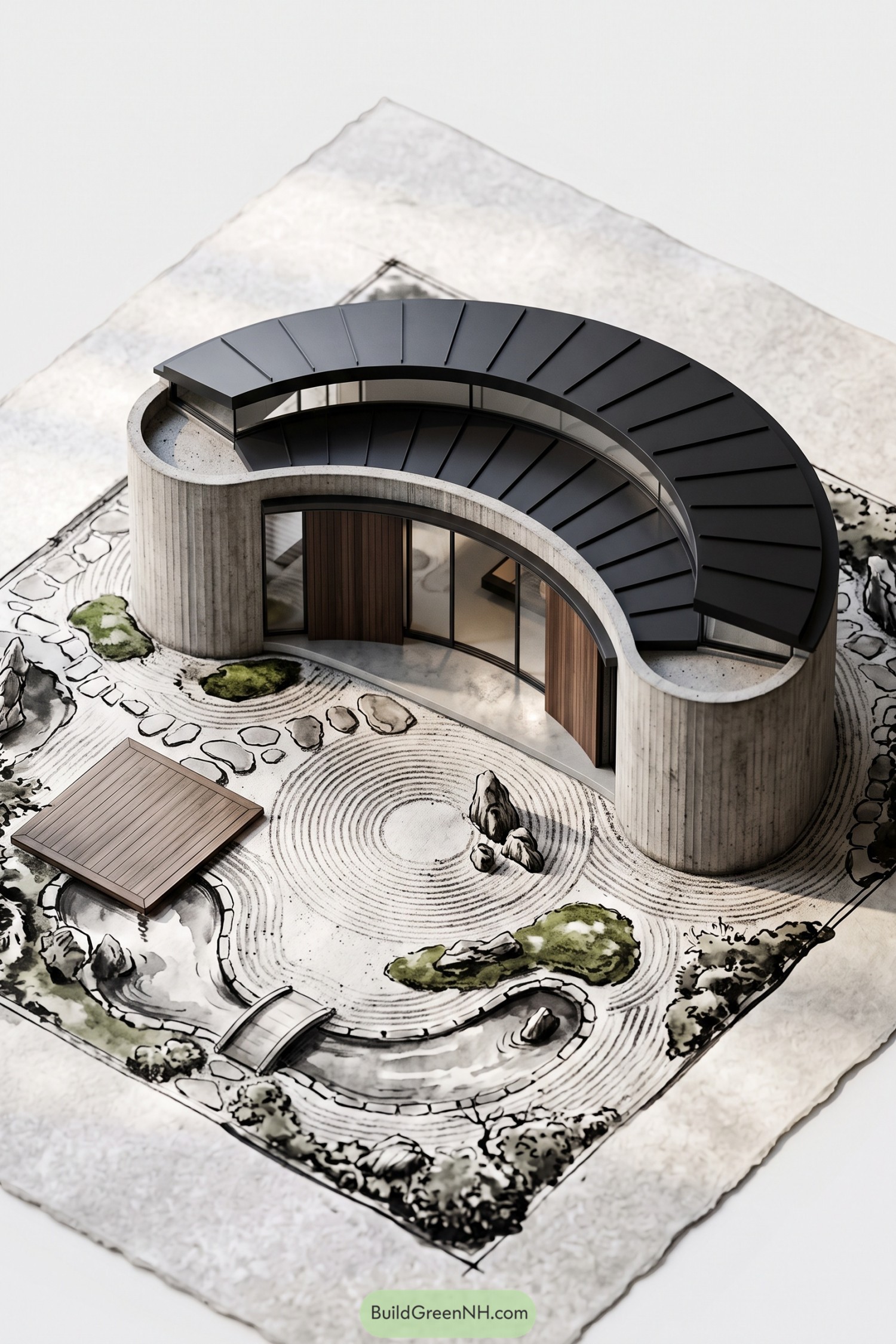 Curved concrete residence beside a raked Zen garden