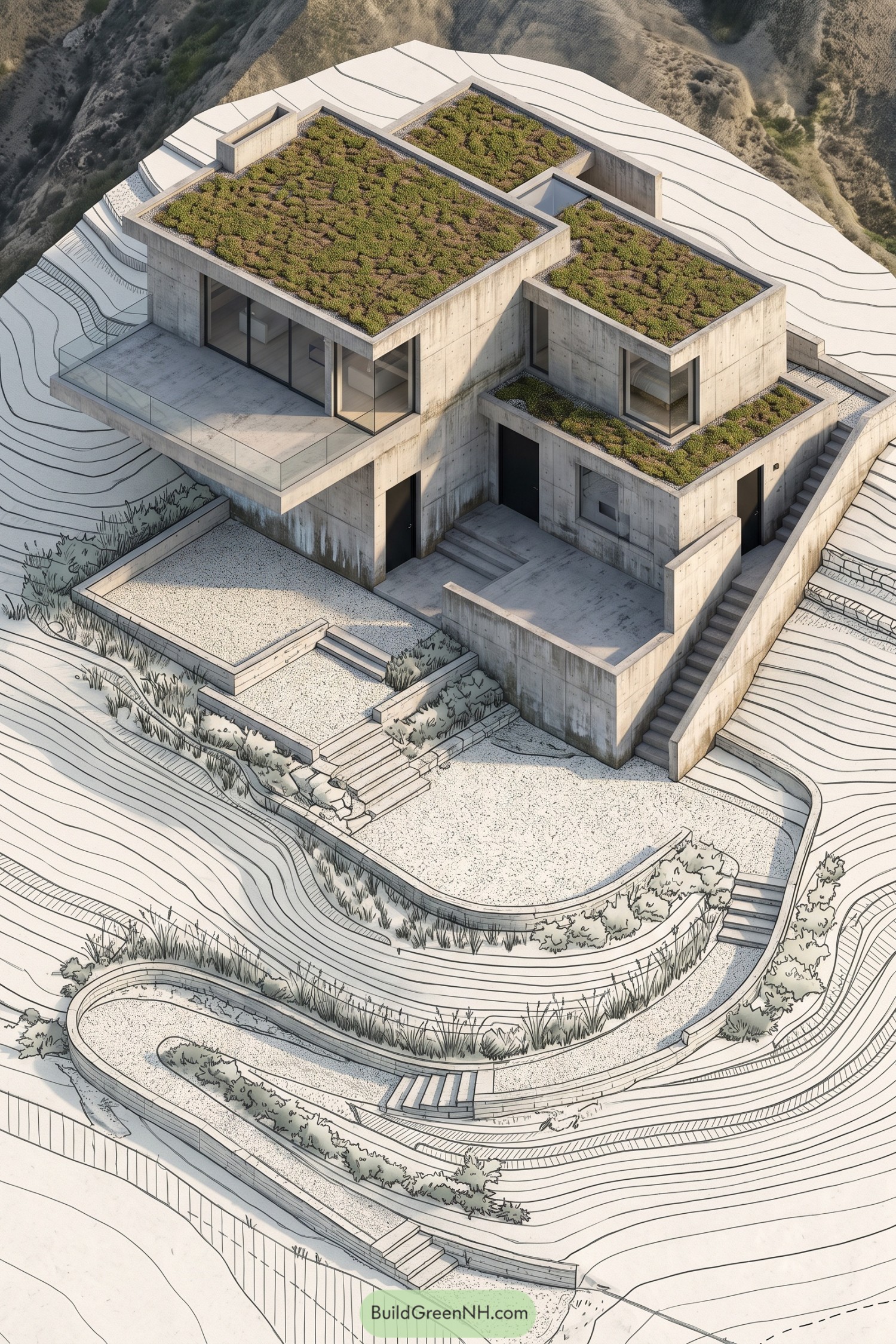 Concrete hillside home with planted roofs and stepped terraces