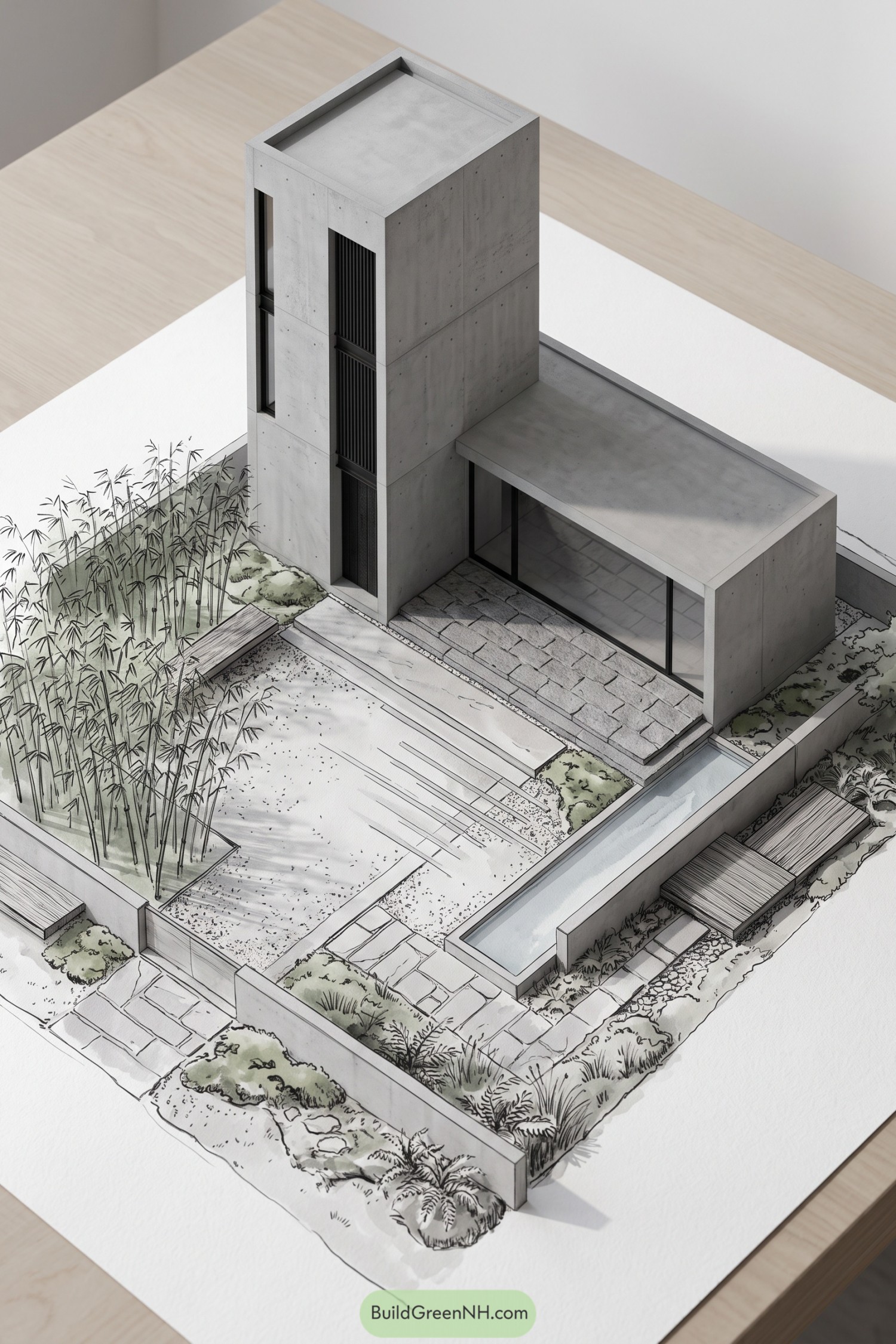 Concrete tower house with bamboo garden and narrow water channel