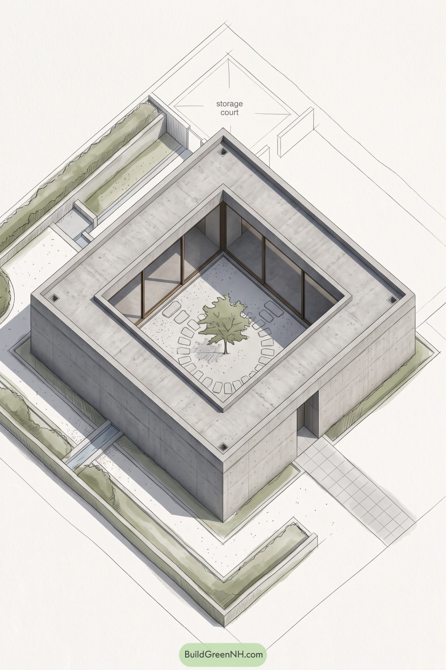 Concrete home wrapped around a sunken tree court