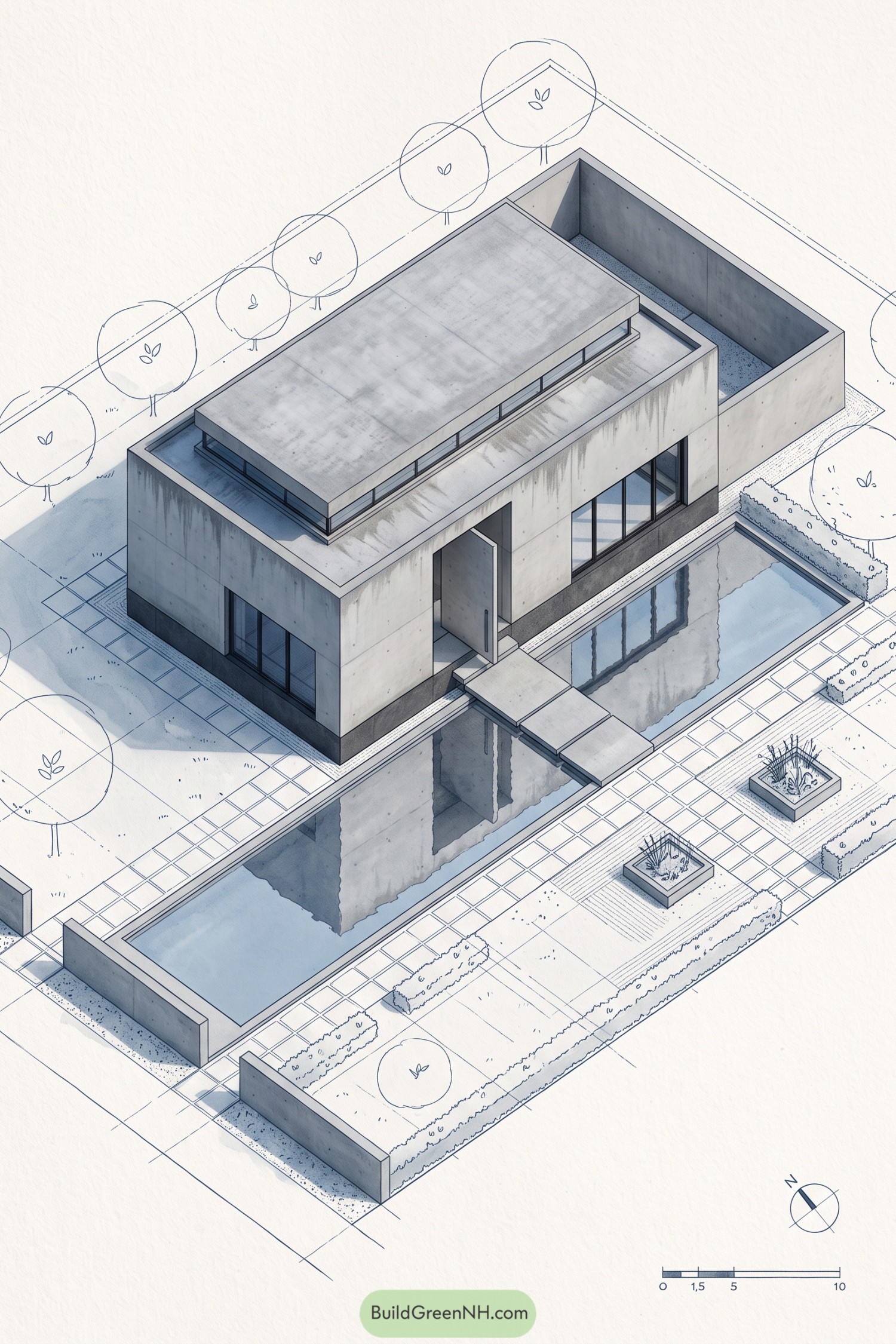 Concrete villa beside a rectangular reflecting pool