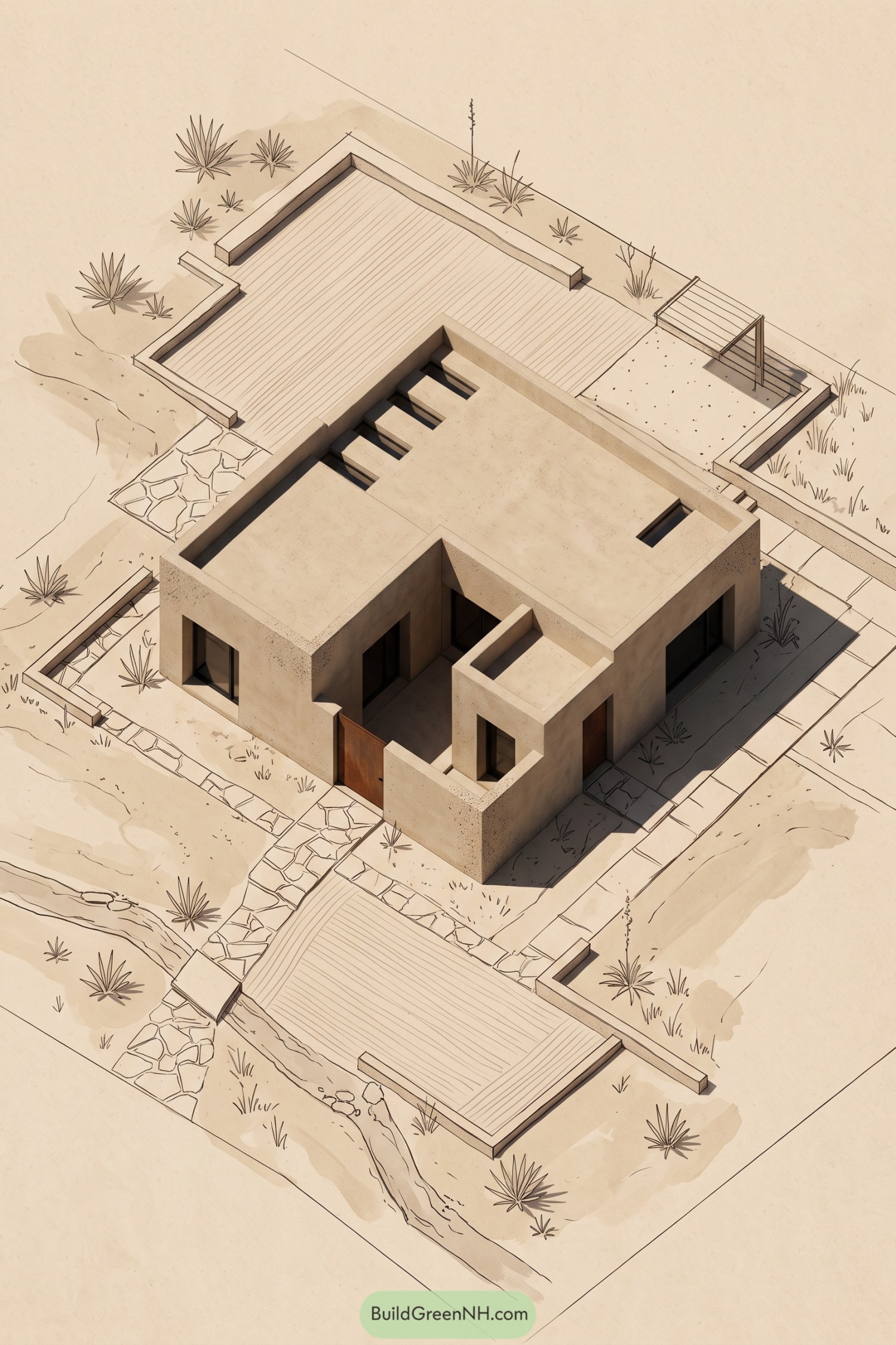 Angular concrete home with ramped terraces and desert planting