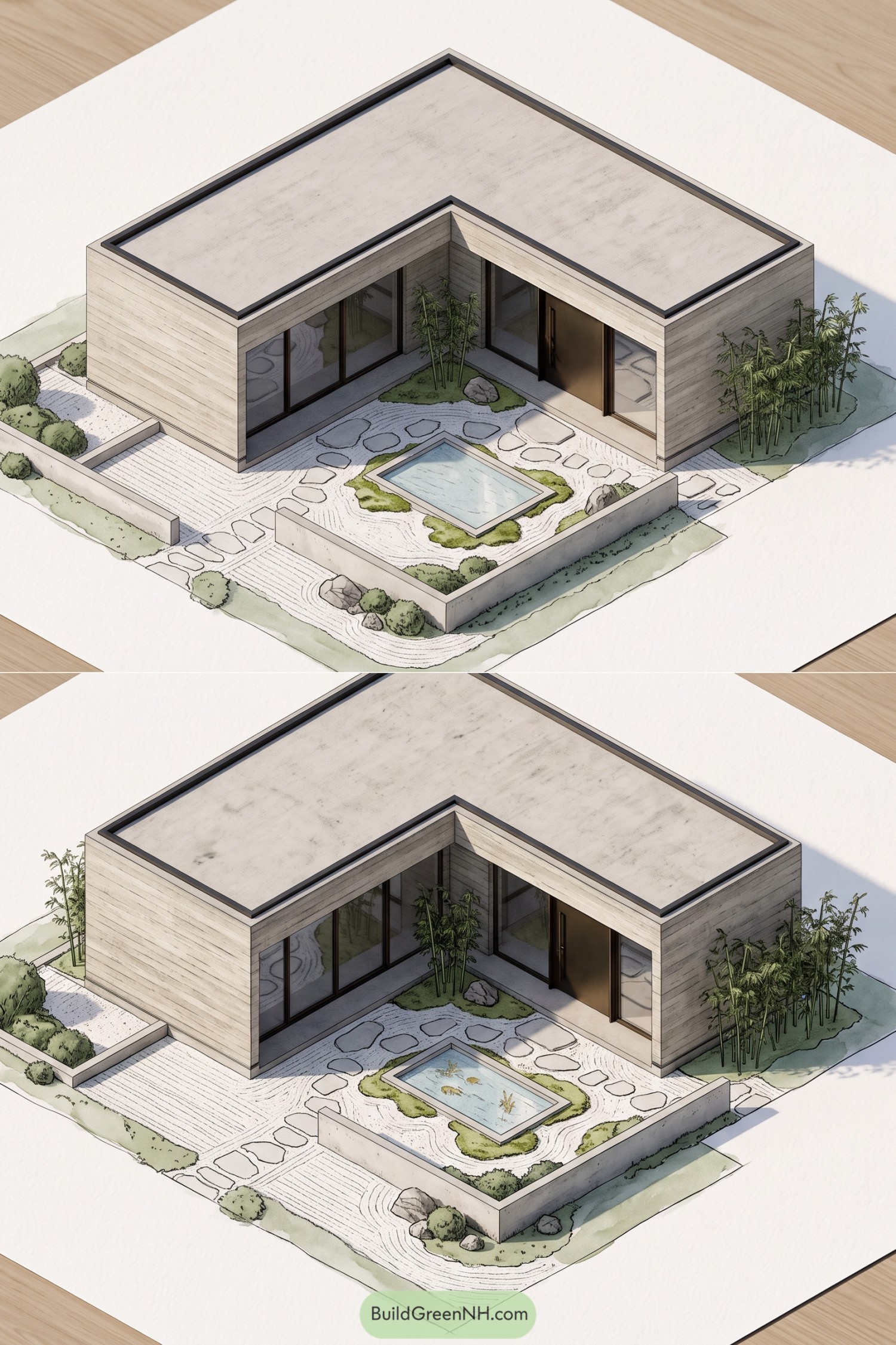 Concrete courtyard home with reflecting pool and raked garden
