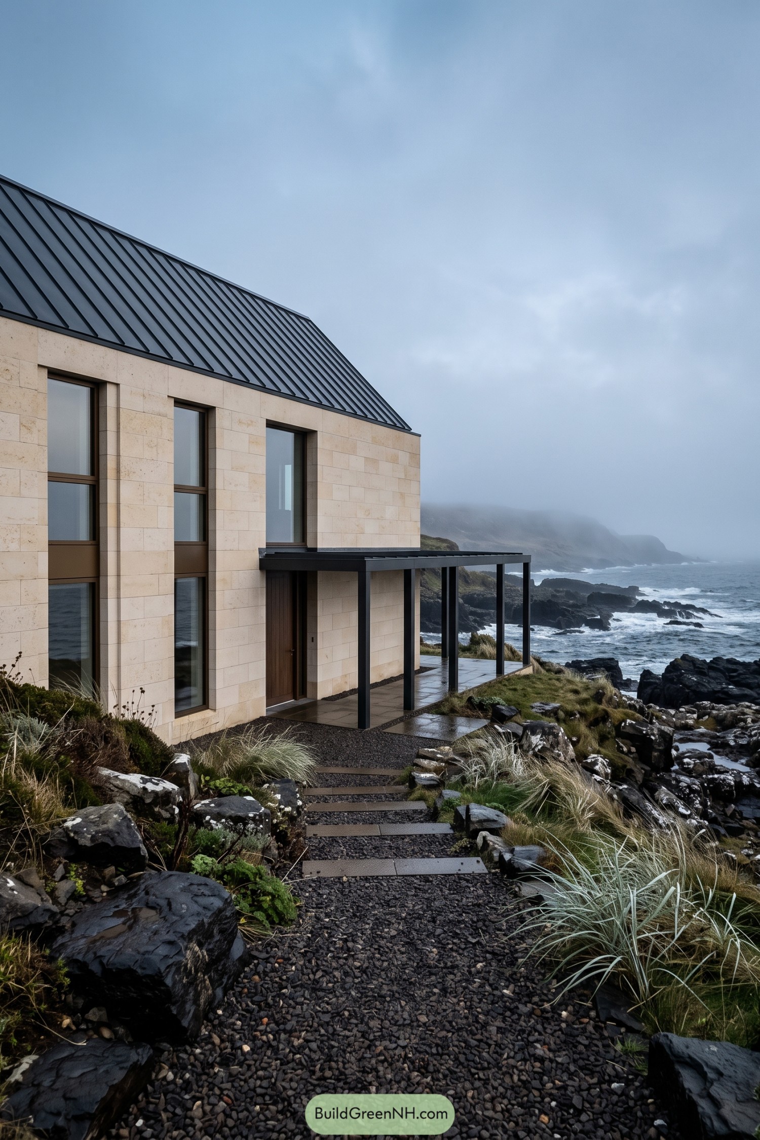 Stone-clad coastal house beside rocky surf