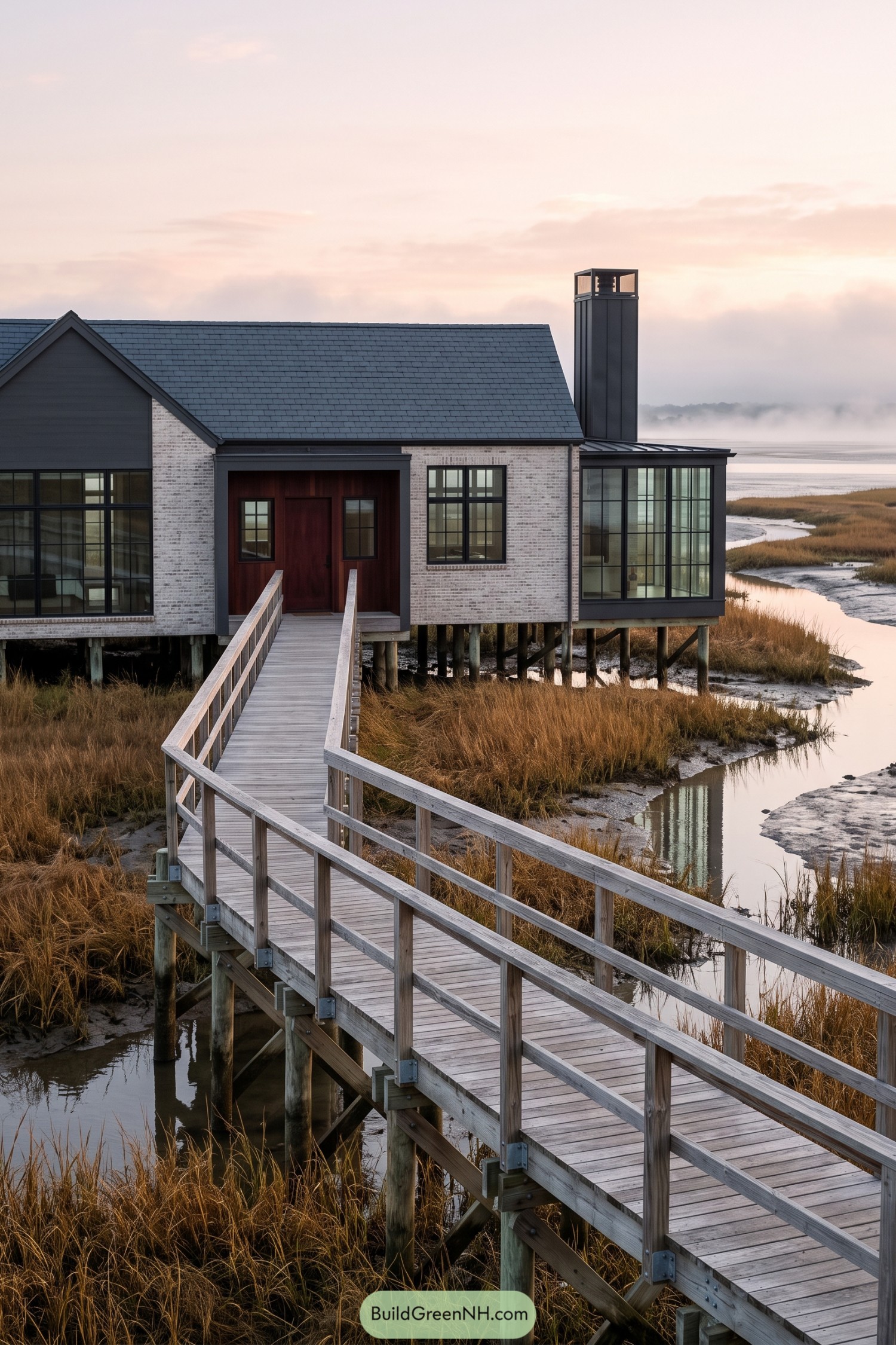 Stilted brick house with boardwalk over marshland