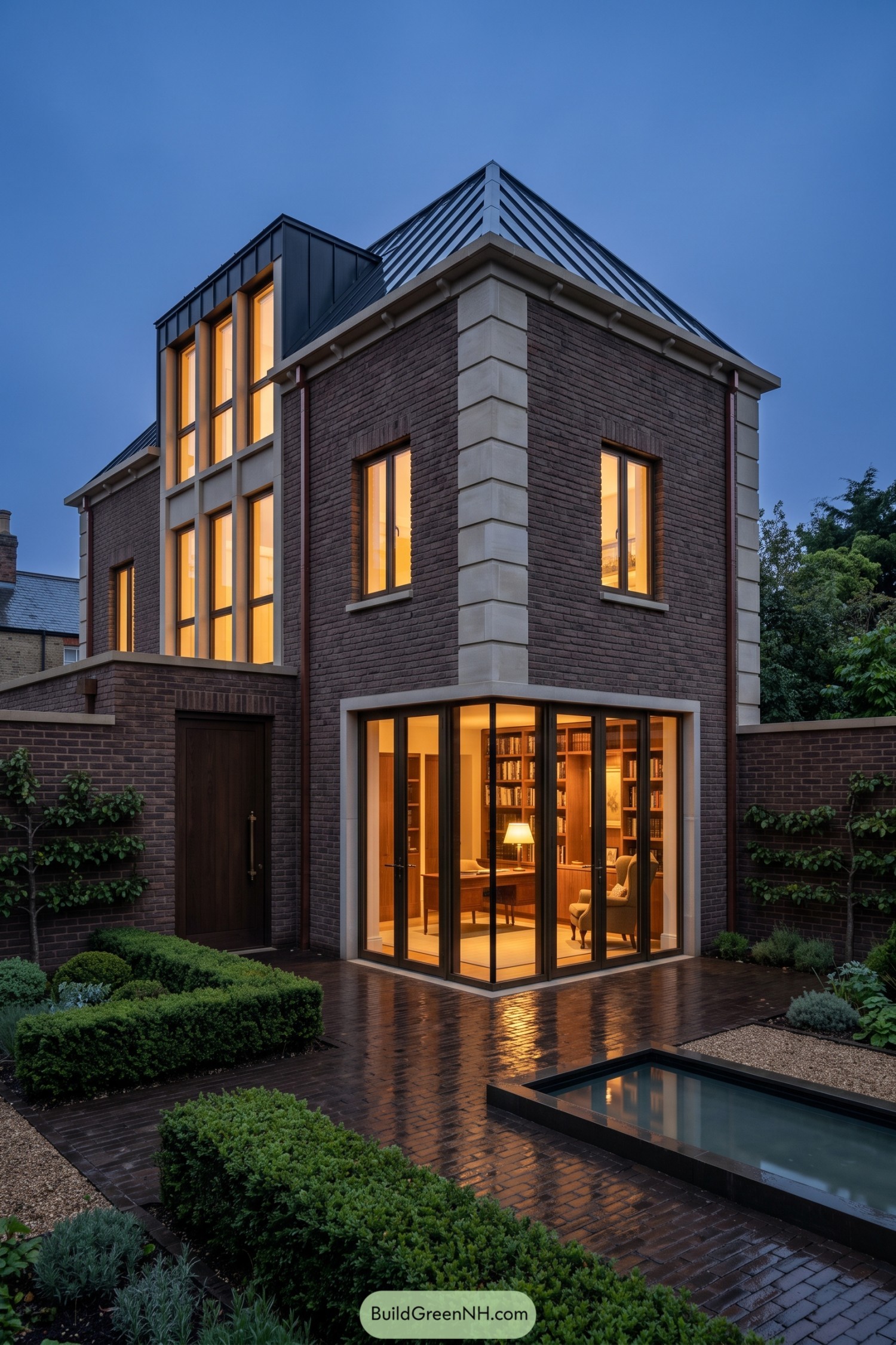 Brick courtyard house with a glowing library and steep metal roof