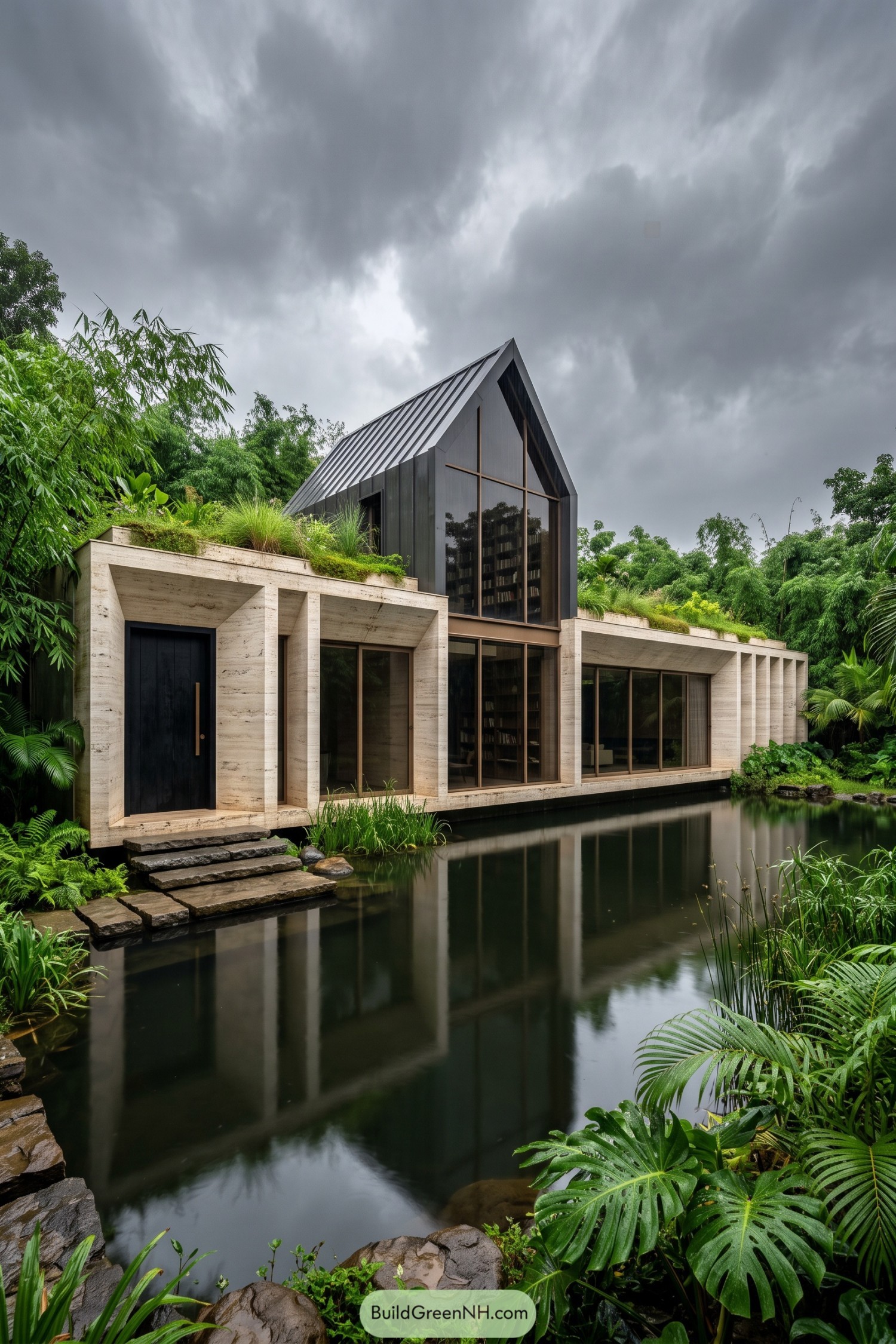 Black gabled house beside a tropical reflecting pond
