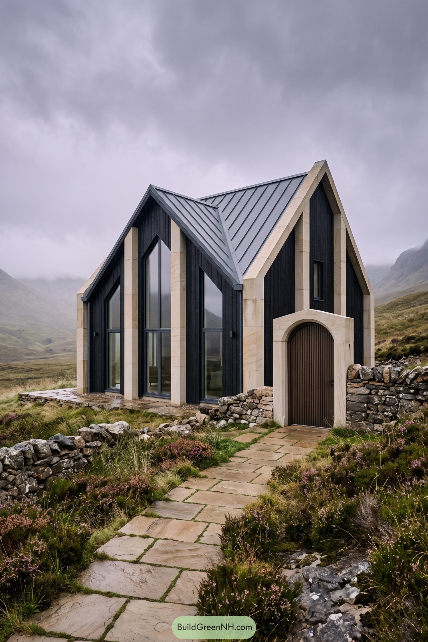Contemporary gabled house with dark timber and stone trim in a misty valley
