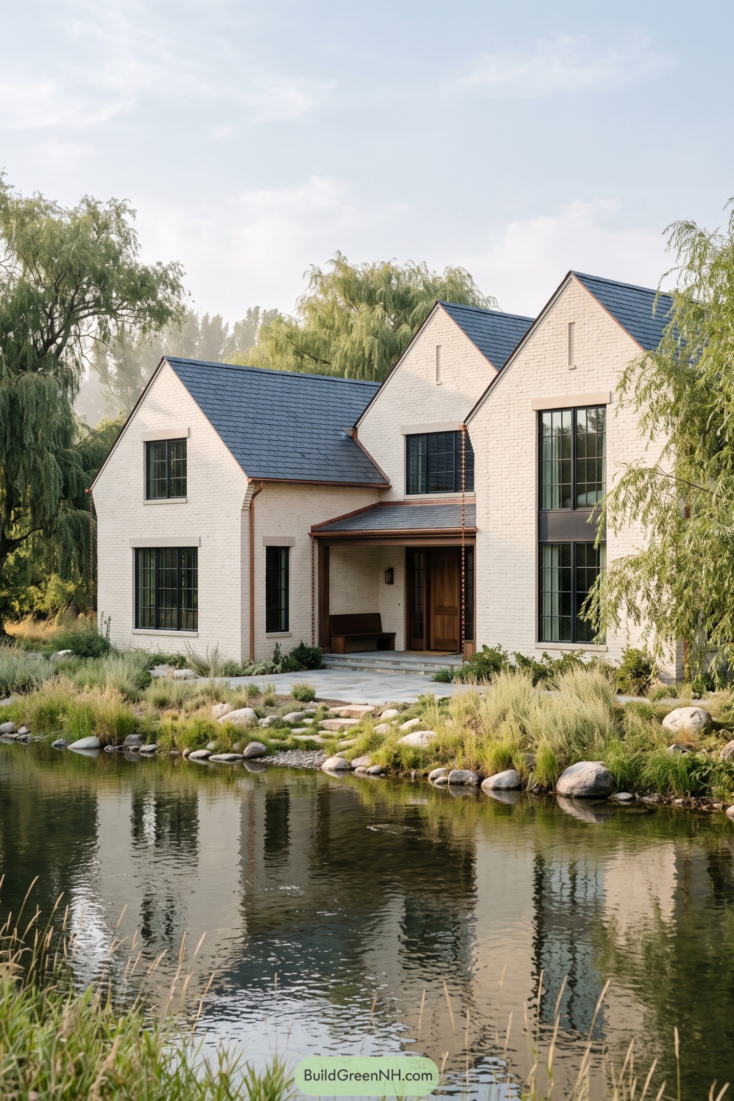 White brick gabled house beside a landscaped pond and willow trees
