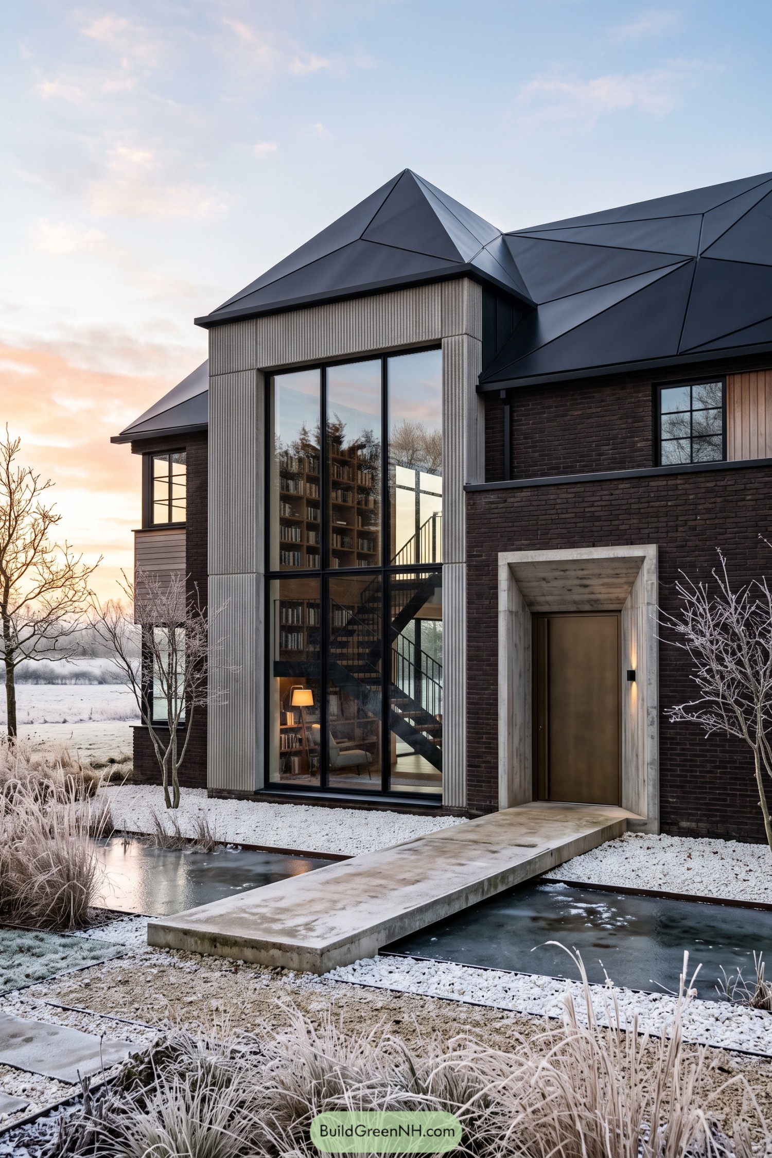 Dark brick residence with a soaring glazed library bay and sculpted metal roof