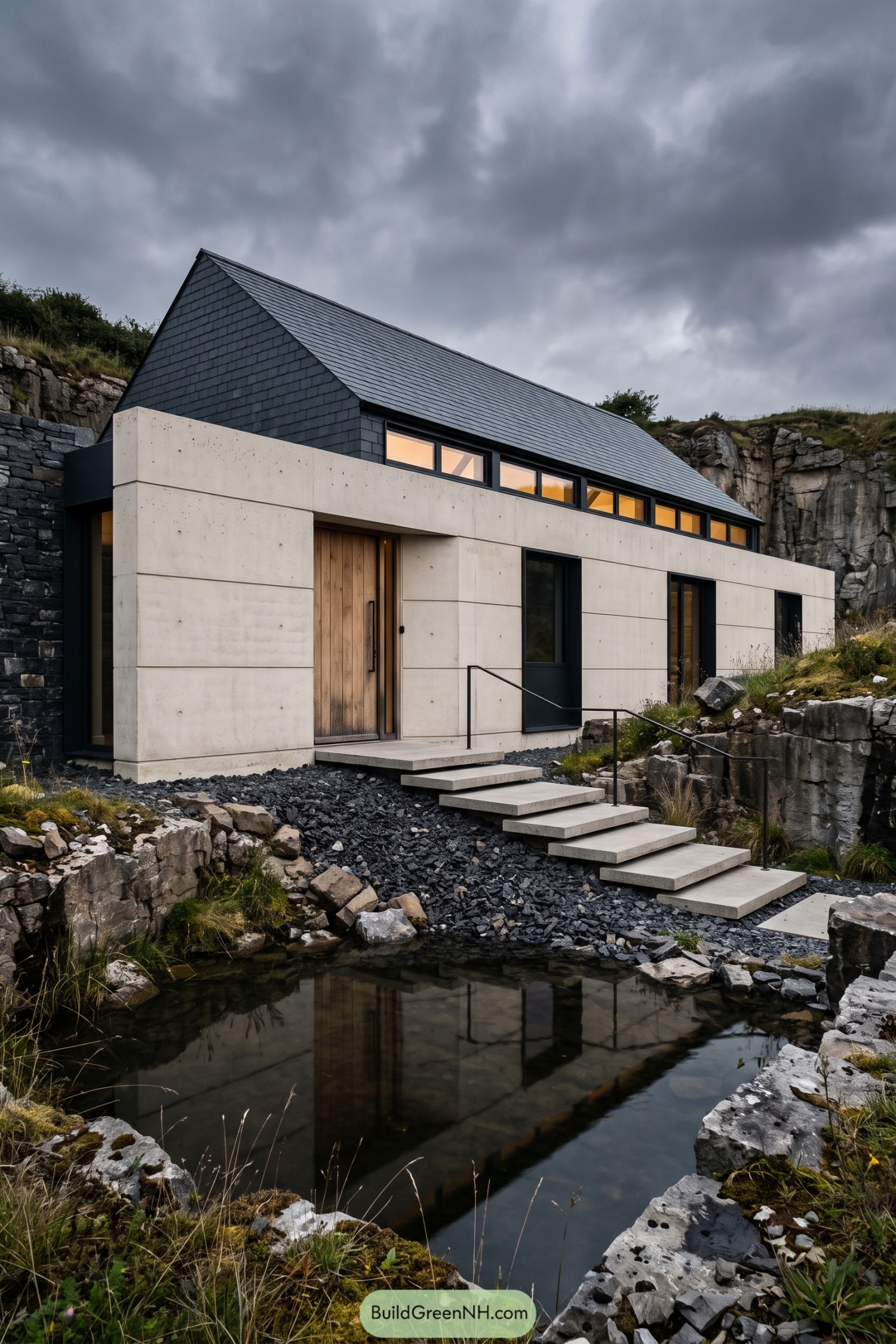 Modern gabled house beside a rocky reflecting pool