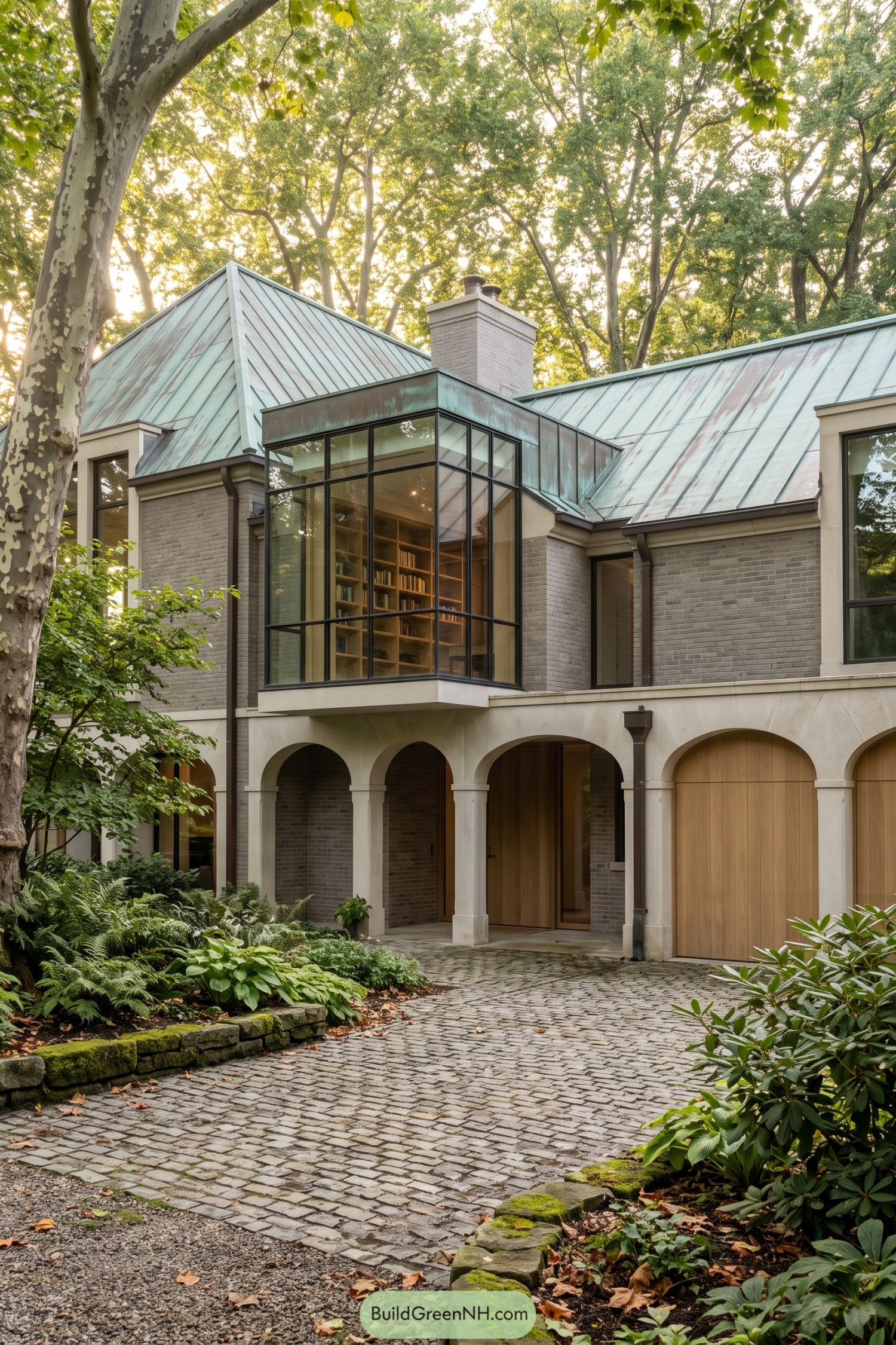 Gray brick home with arched arcade and glass library bay