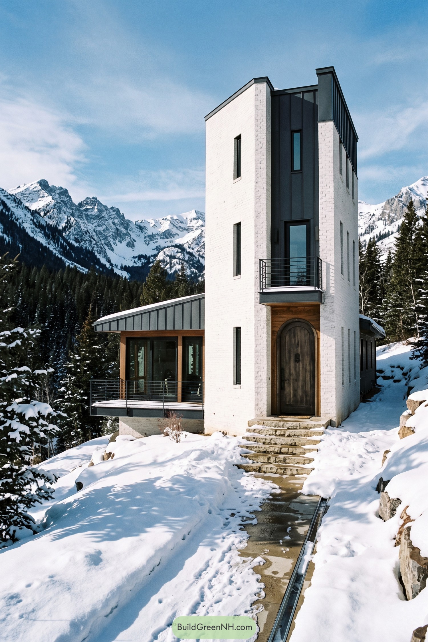 White Brick Tower Home In Snowy Mountains