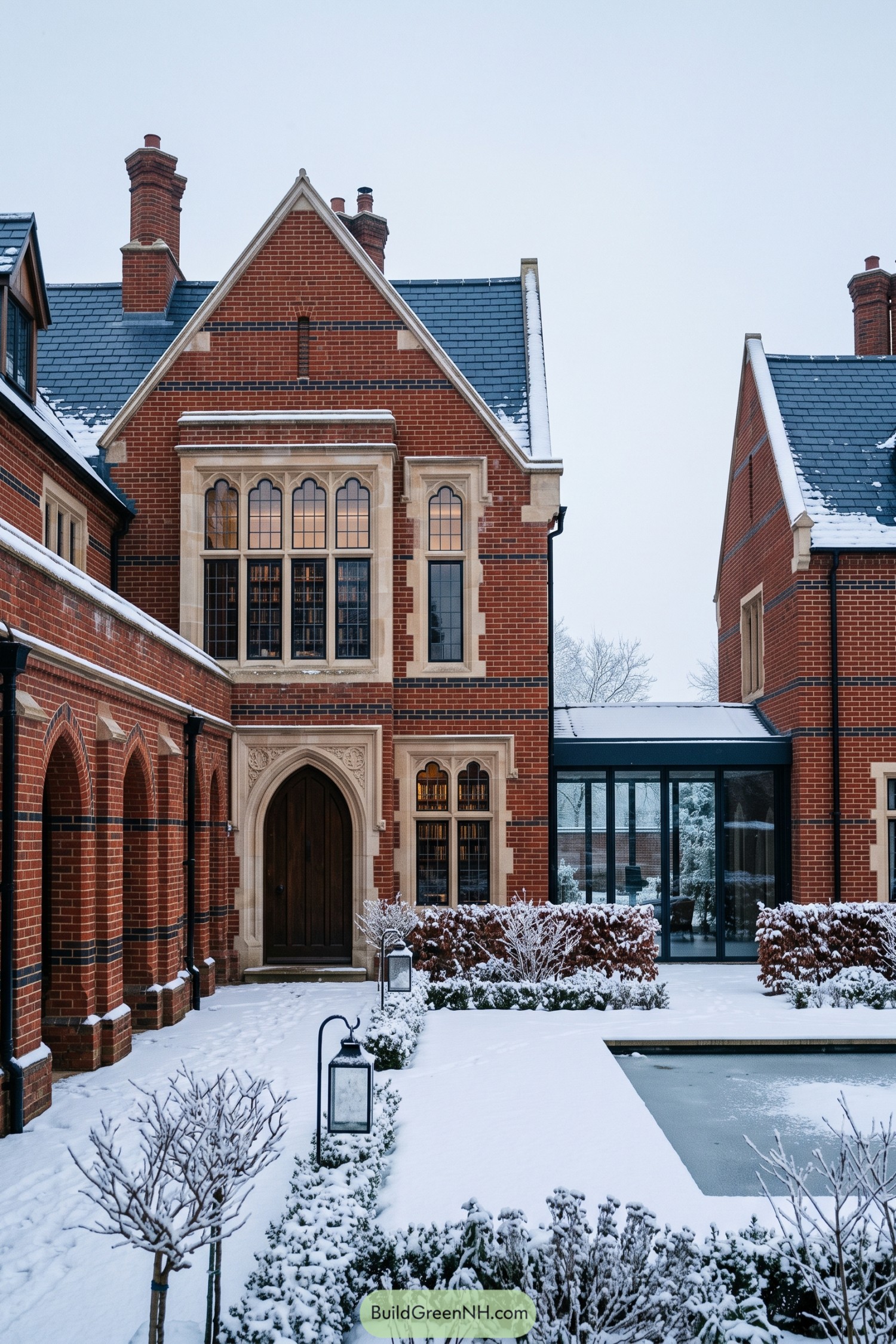 Red brick house with arched windows in a snowy courtyard