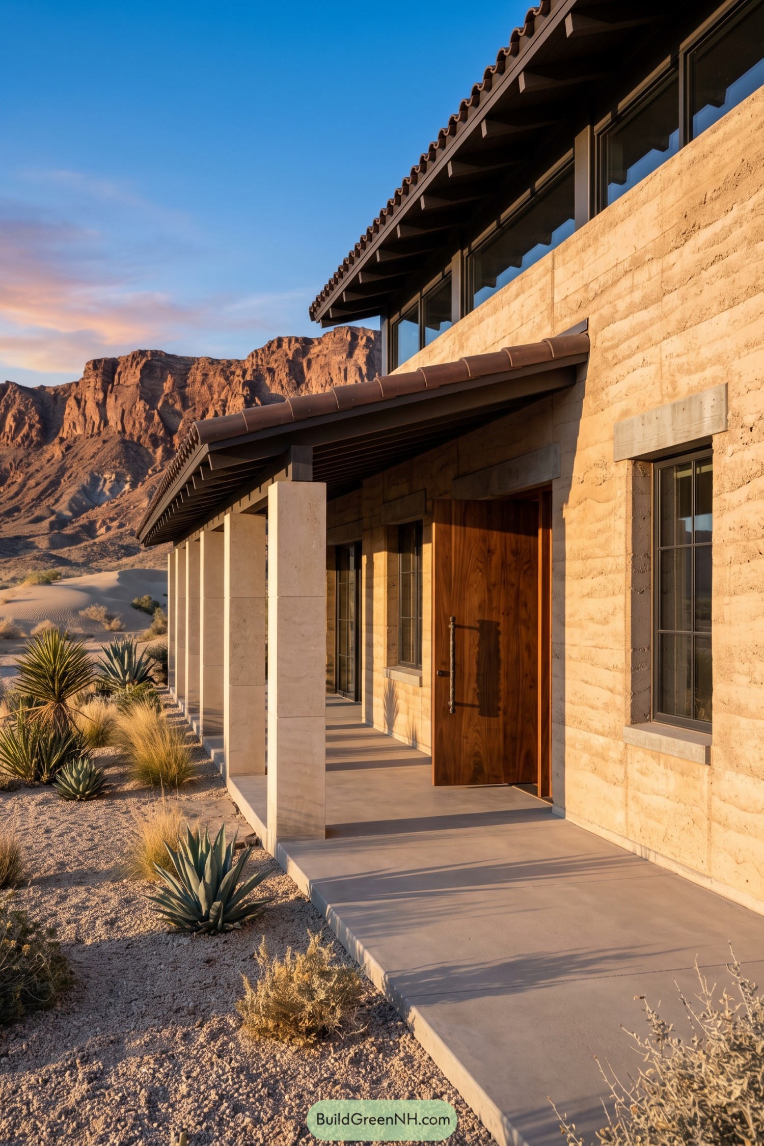 Rammed earth desert house with tiled roofs and mountain views