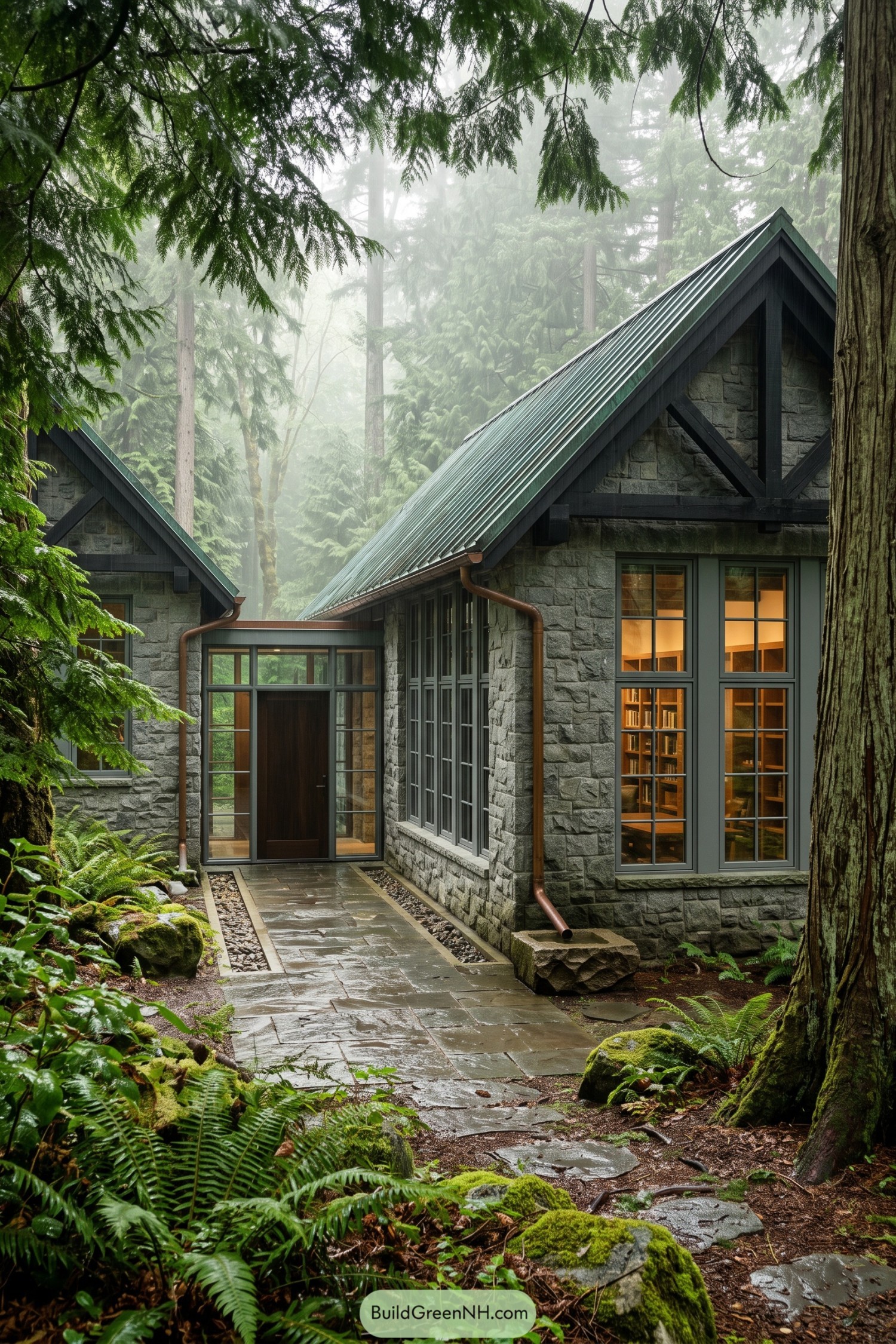Forest stone house with steep metal gables and library windows