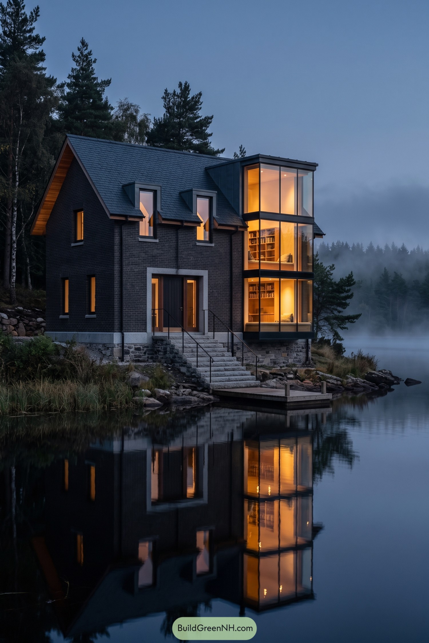 Dark brick house with glass library tower beside a misty lake