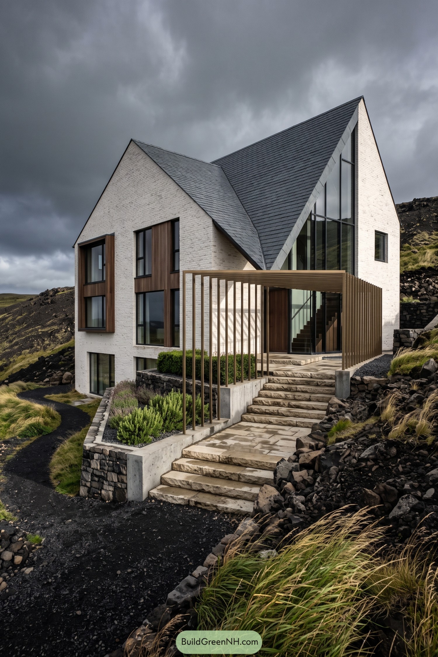 White brick gable house on a volcanic hillside