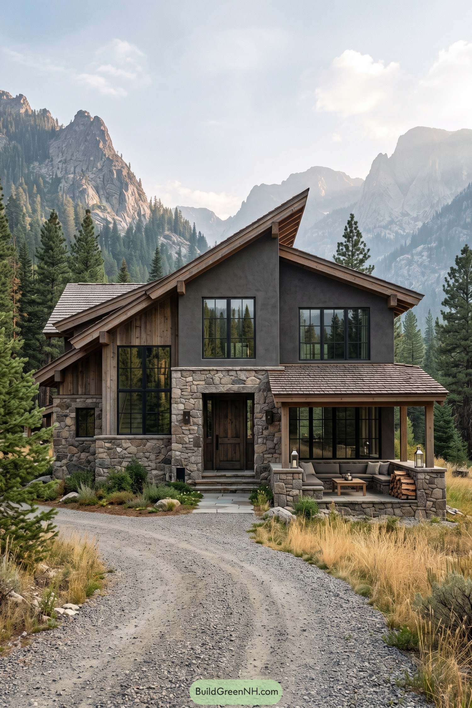 Mountain house with stone walls timber gables and covered patio