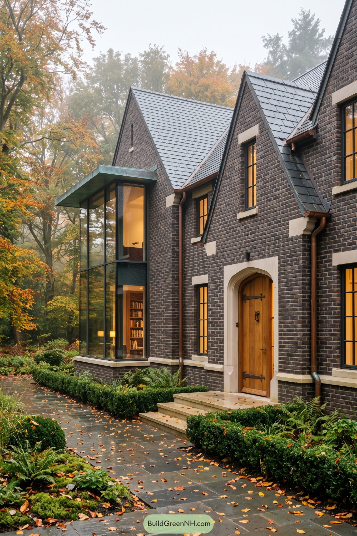 Dark brick academic style home with gabled slate roofs and a glass study bay