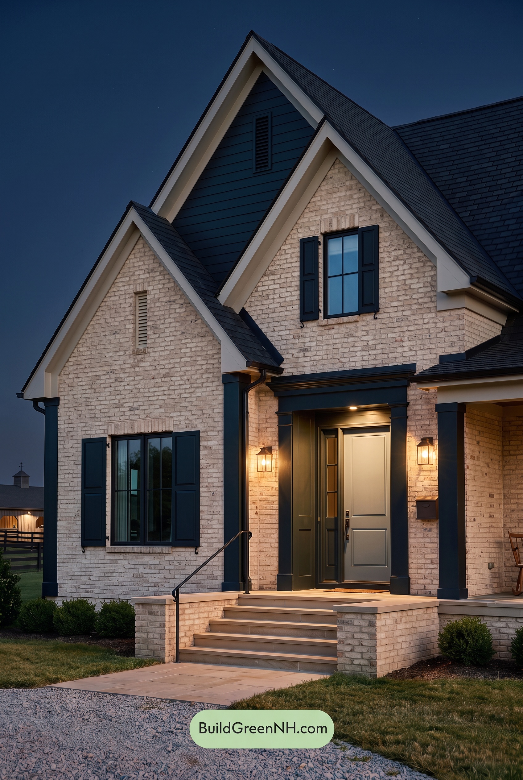 Cream Brick House Exterior Color Scheme: Biscuit Obsidian Poem - Nighttime