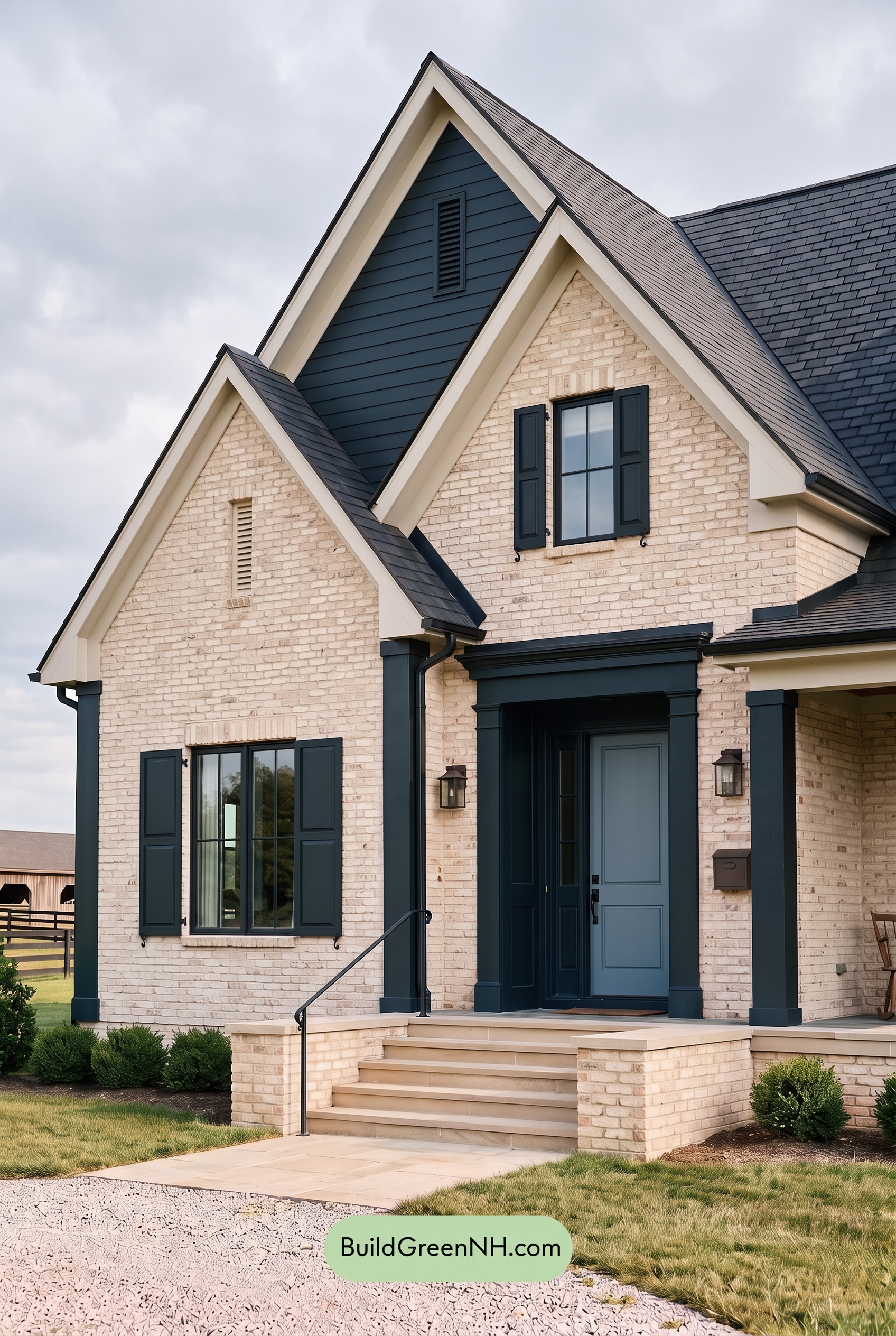 Cream Brick House Exterior Color Scheme: Biscuit Obsidian Poem - Overcast