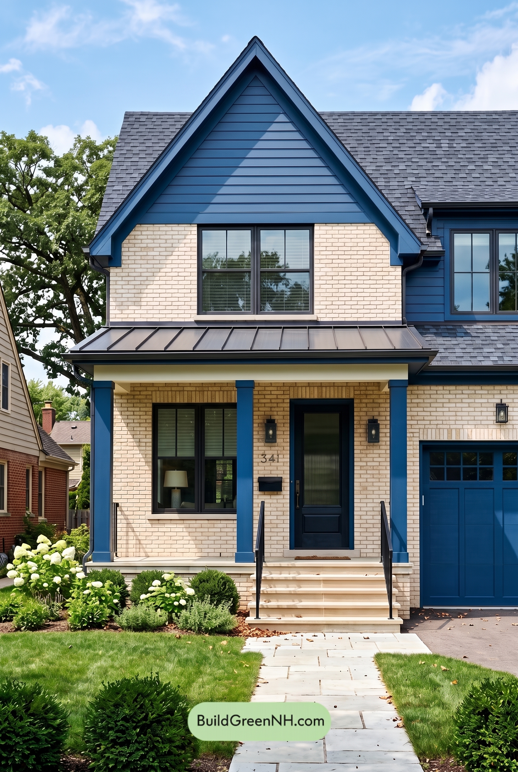 Cream Brick House Exterior Color Scheme: Cobalt Porch Cadence