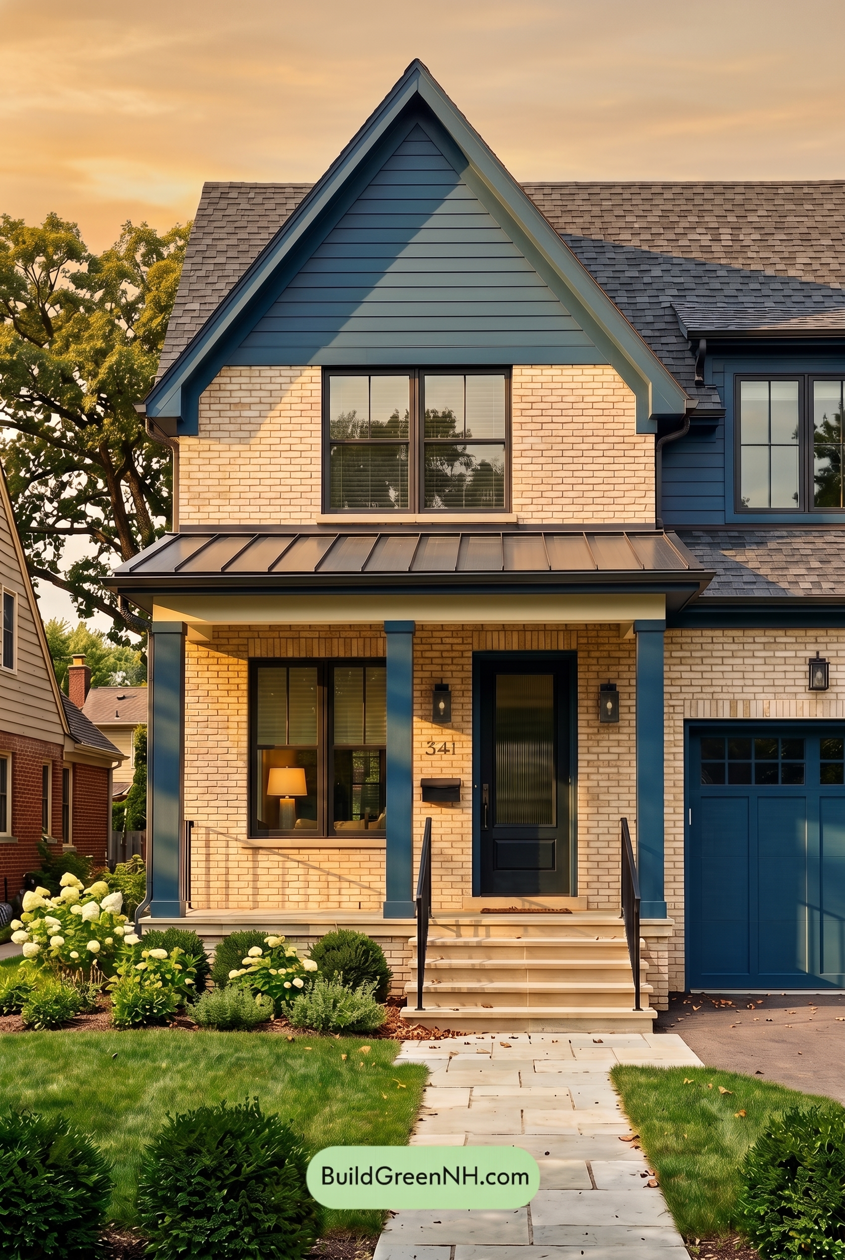 Cream Brick House Exterior Color Scheme: Cobalt Porch Cadence - Golden Hour
