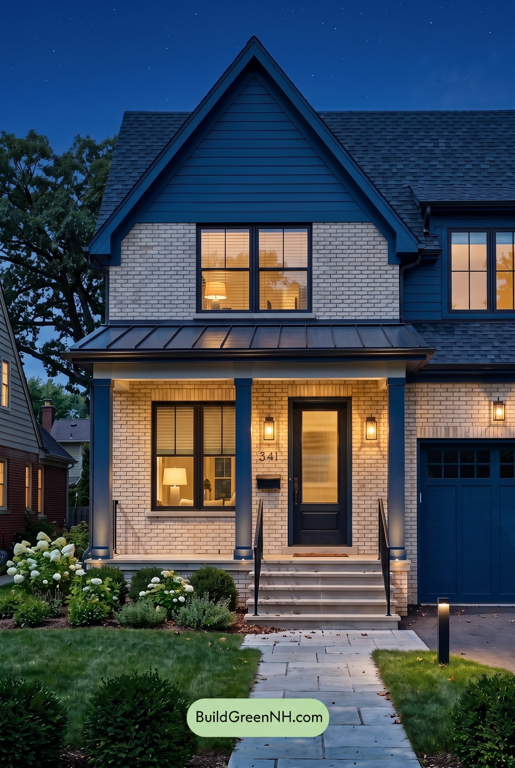 Cream Brick House Exterior Color Scheme: Cobalt Porch Cadence - Nighttime