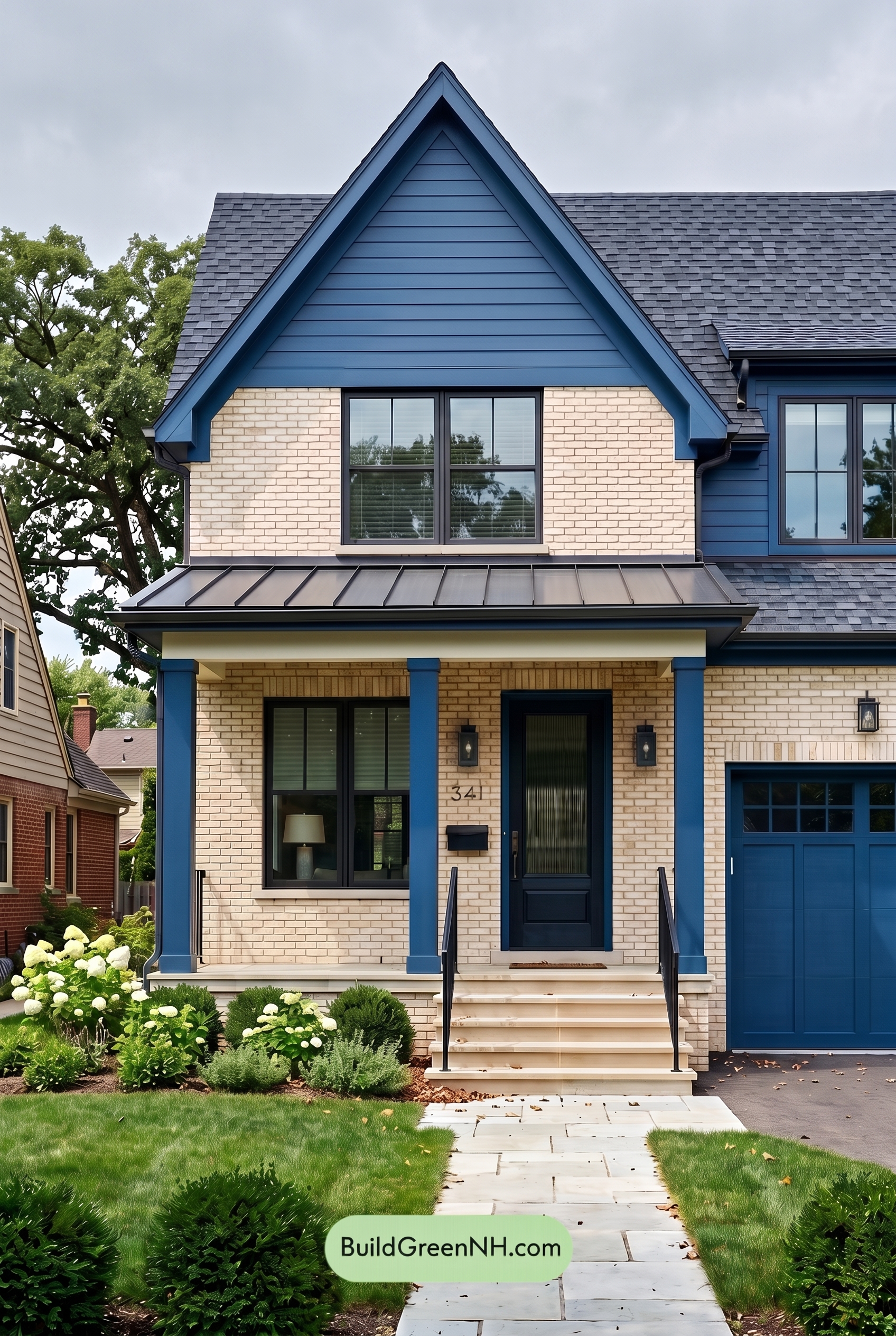 Cream Brick House Exterior Color Scheme: Cobalt Porch Cadence - Overcast
