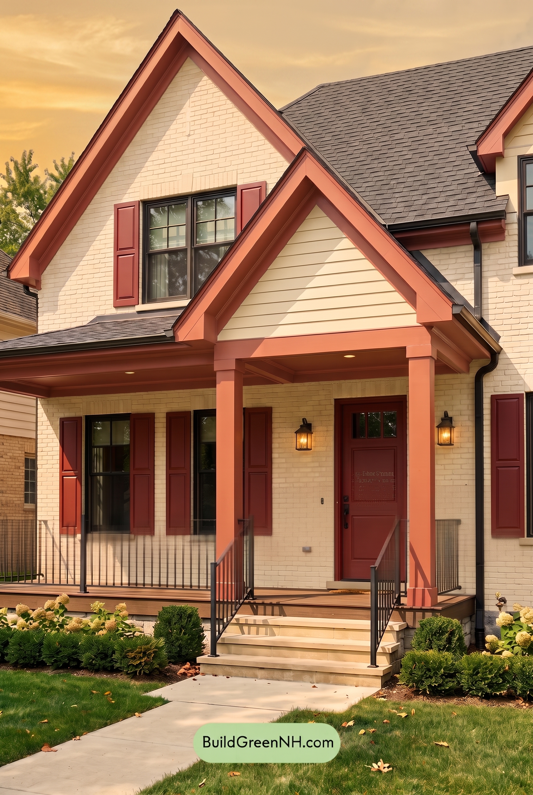Cream Brick House Exterior Color Scheme: Crimson Mantel Echo - Golden Hour