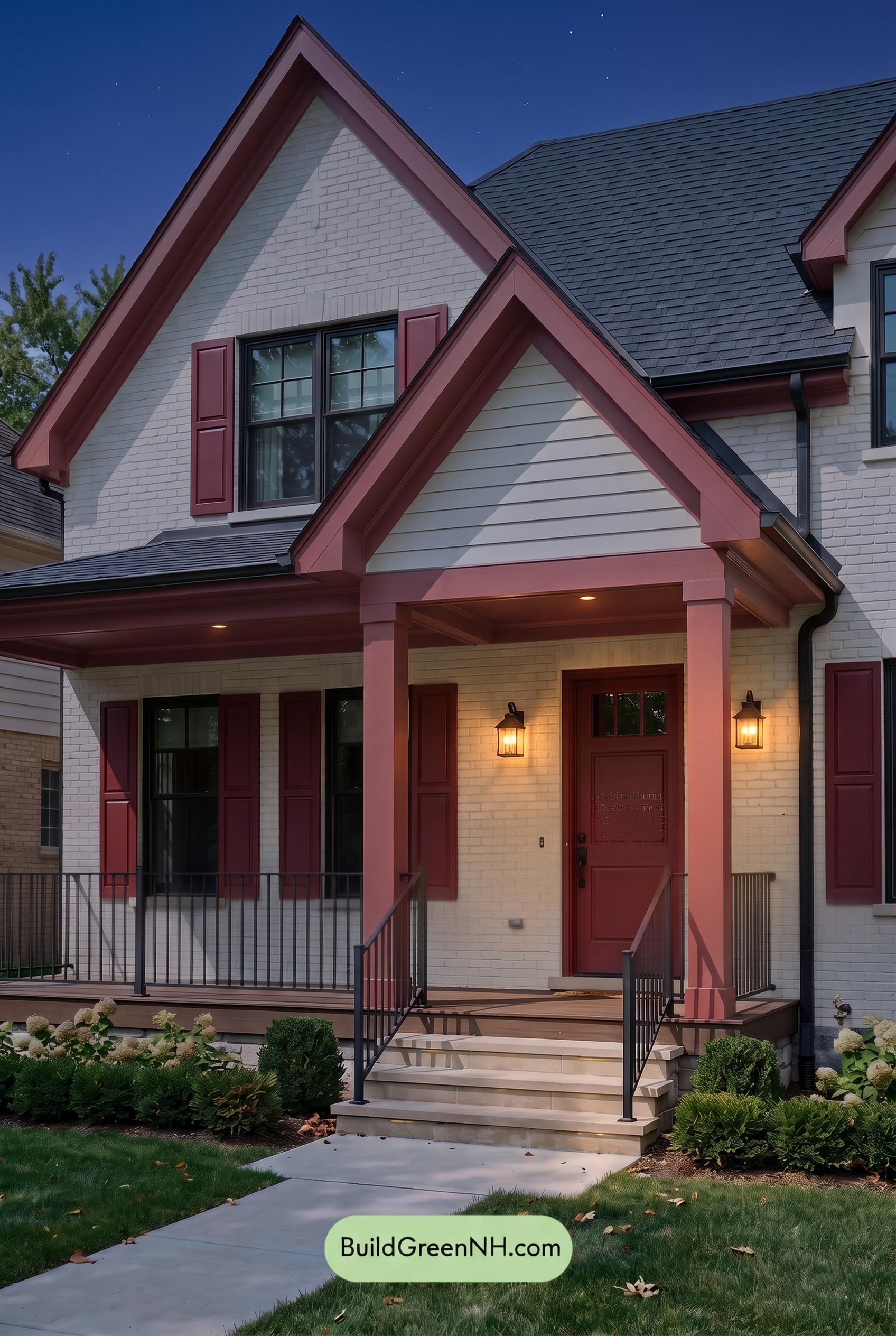 Cream Brick House Exterior Color Scheme: Crimson Mantel Echo - Nighttime