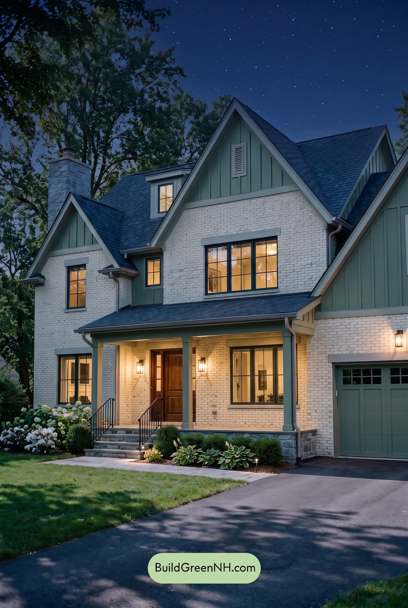 Cream Brick House Exterior Color Scheme: Forest Brick Rhythm - Nighttime