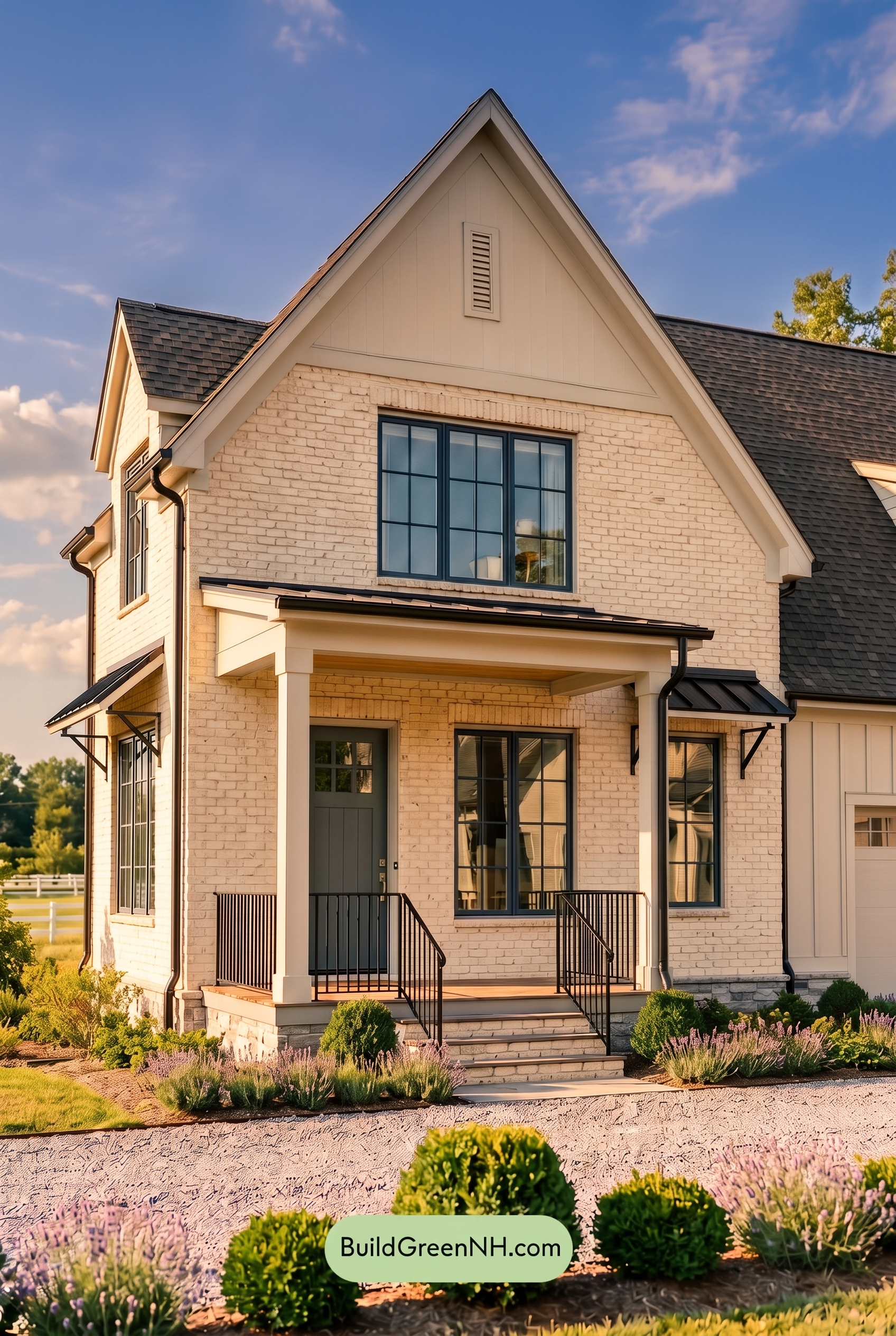 Cream Brick House Exterior Color Scheme: Graphite Orchard Entry - Golden Hour